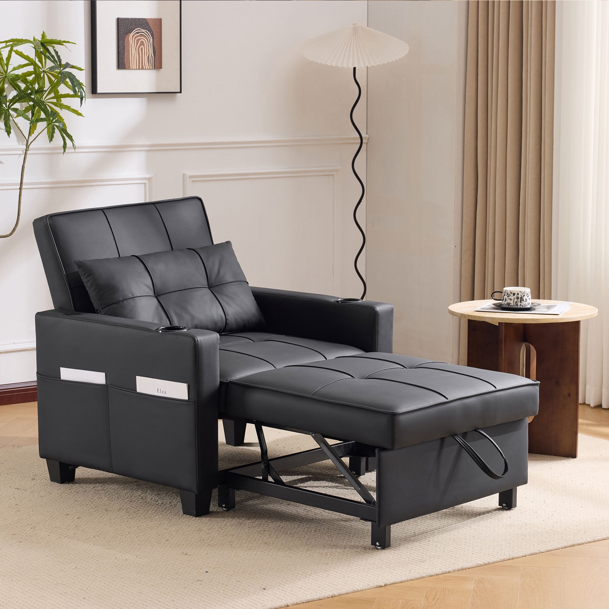 Logidon 3-in-1 uitschuifbare slaapbank, fauteuil, zwarte USB-bekerhouder
