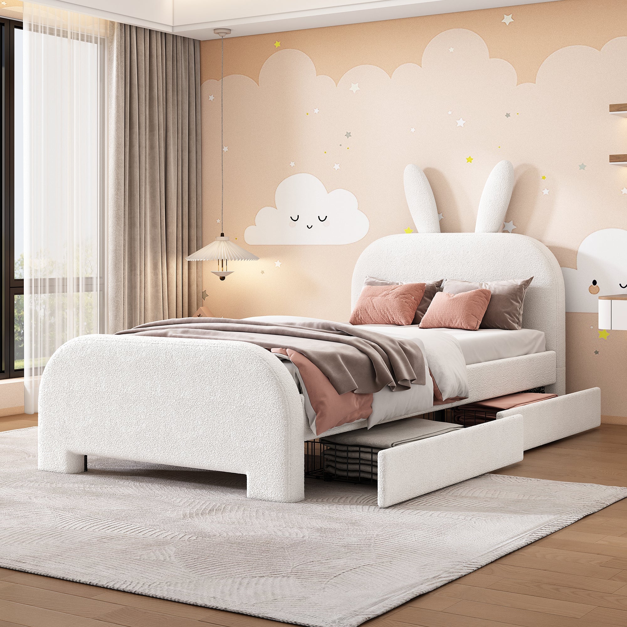 Logidon Flat Bed 90x200 cm Rabbit Shape White With 2 Drawers