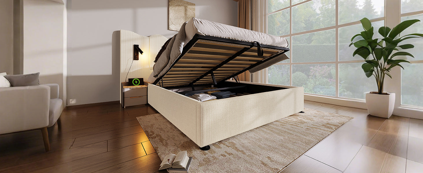 Logidon upholstered bed 160x200 beige with reading lamp USB charging function