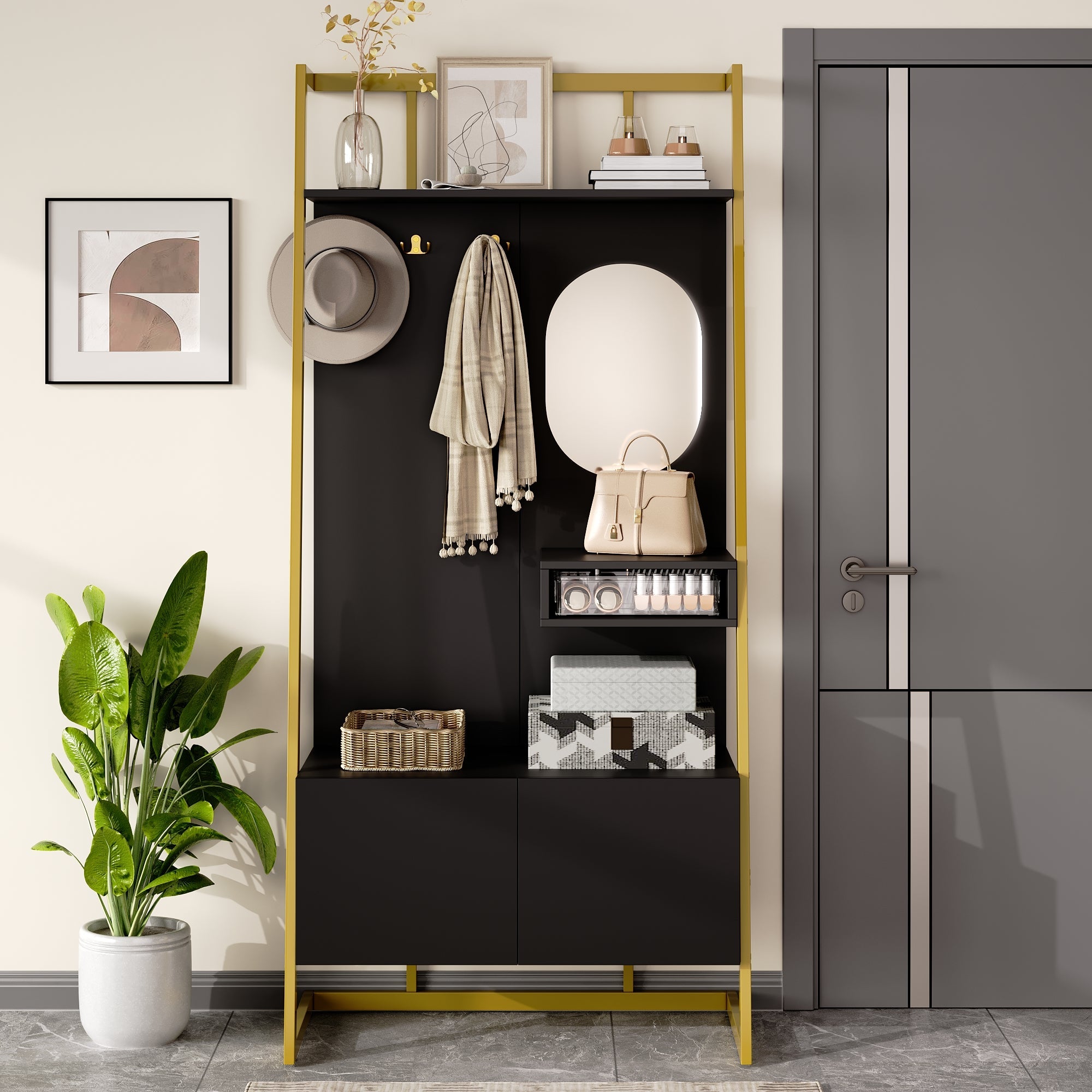 Logidon Modern Compact Wardrobe Box Mirror Shoe Bench Black 78 x 38.5 x 180.5 cm