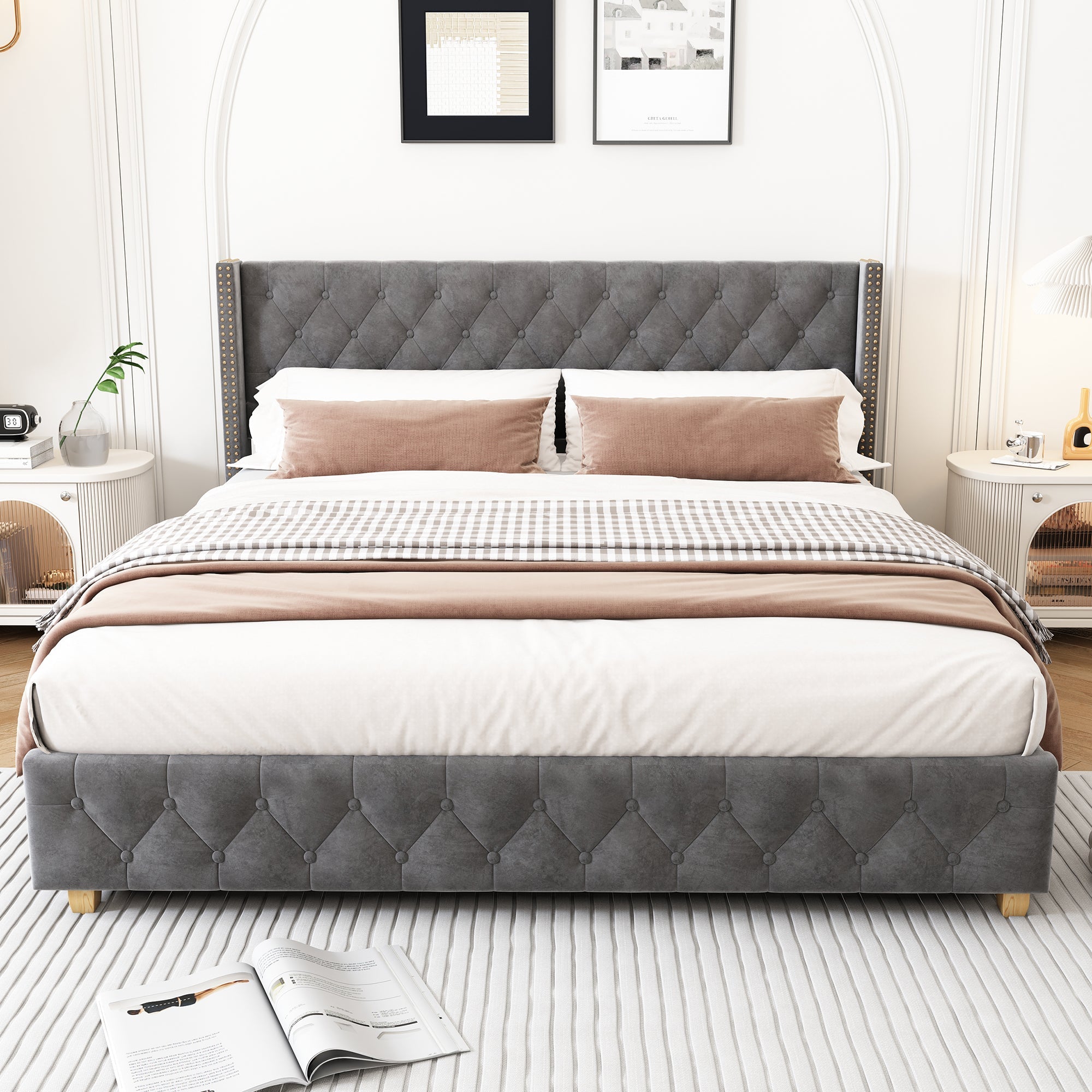 Logidon gestoffeerd bed 140x190 cm veloursgrijs, lattenbodem, hoofdeinde