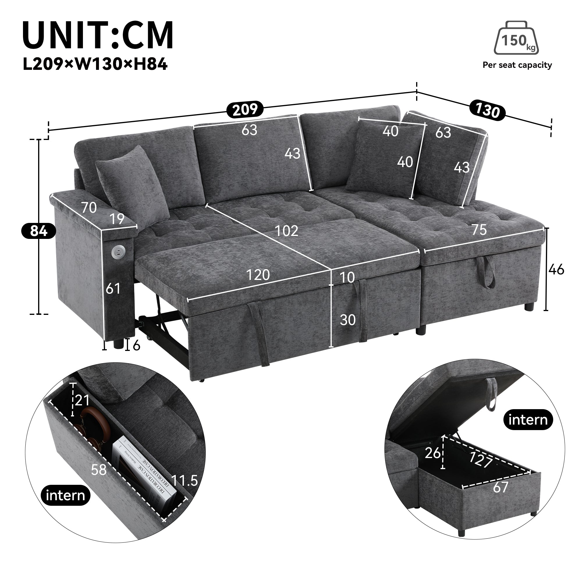 Logidon L-vorm slaapbank grijs fluweel chenille 209x130 cm opbergruimte