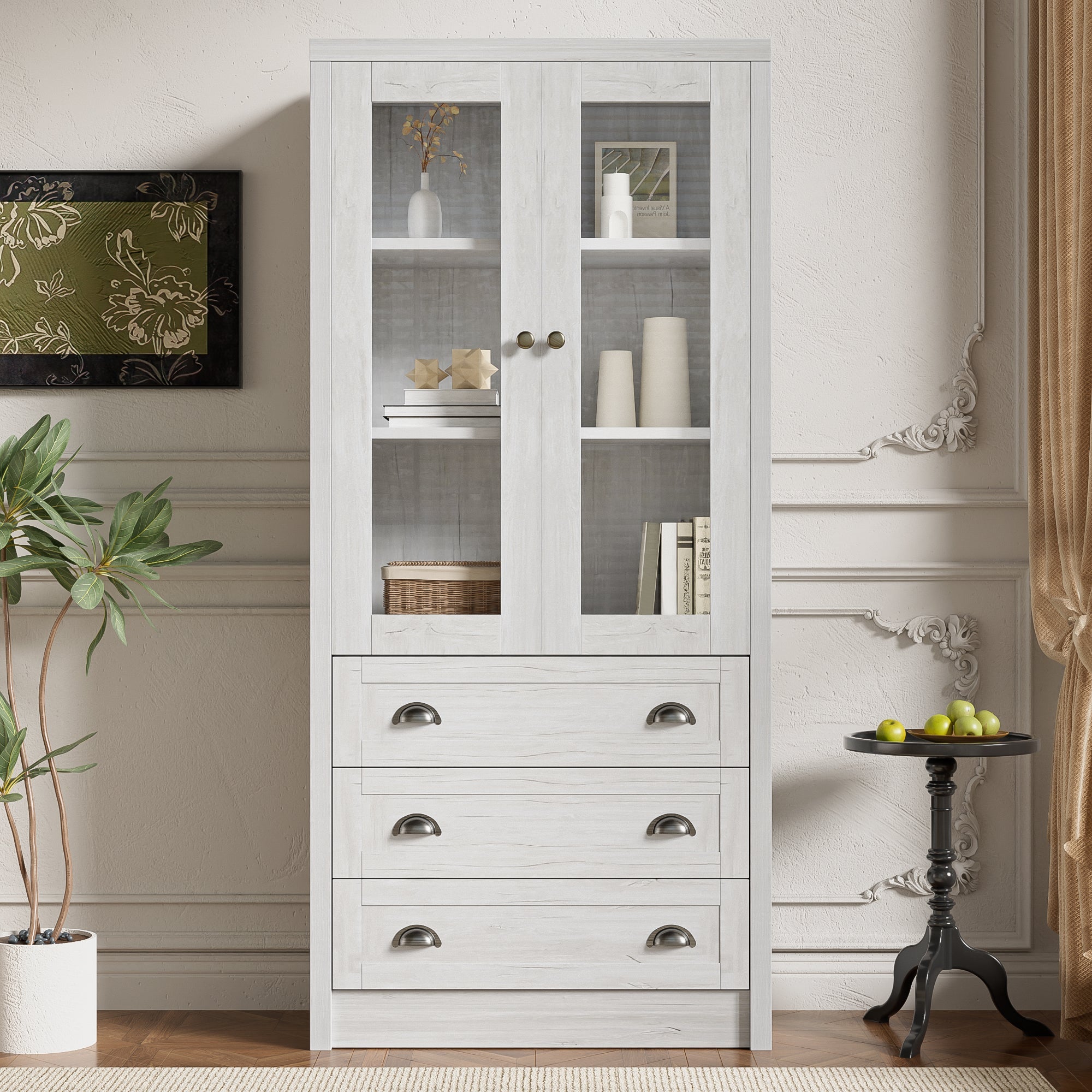 Logidon Modern highboard 80x34x171 cm wood look glass doors copper handles