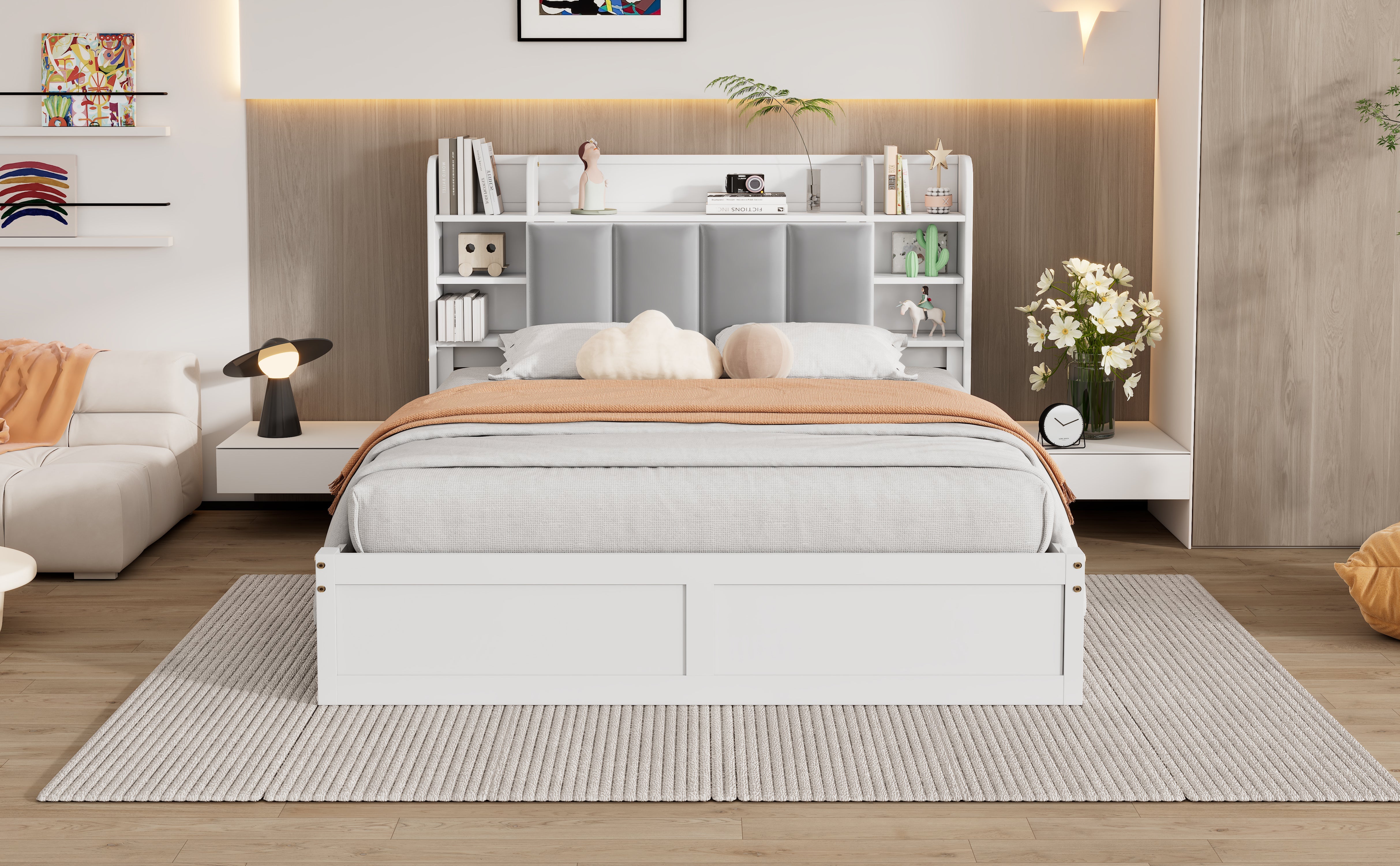 Logidon tweepersoonsbed witgrijs 140x200 cm plank drie lades op wielen