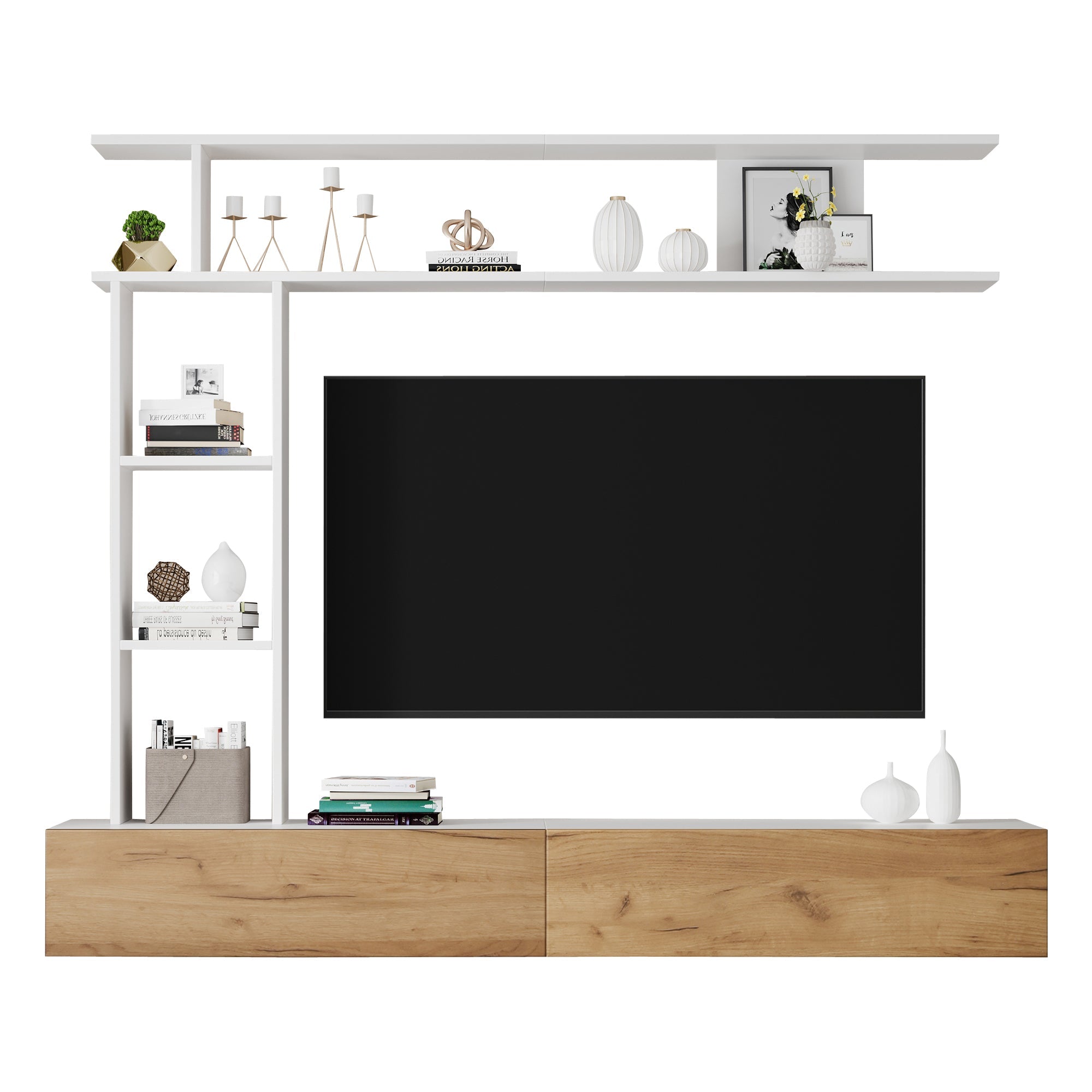 Logidon TV wandmeubel 180 cm wit houtlook met vitrinekasten