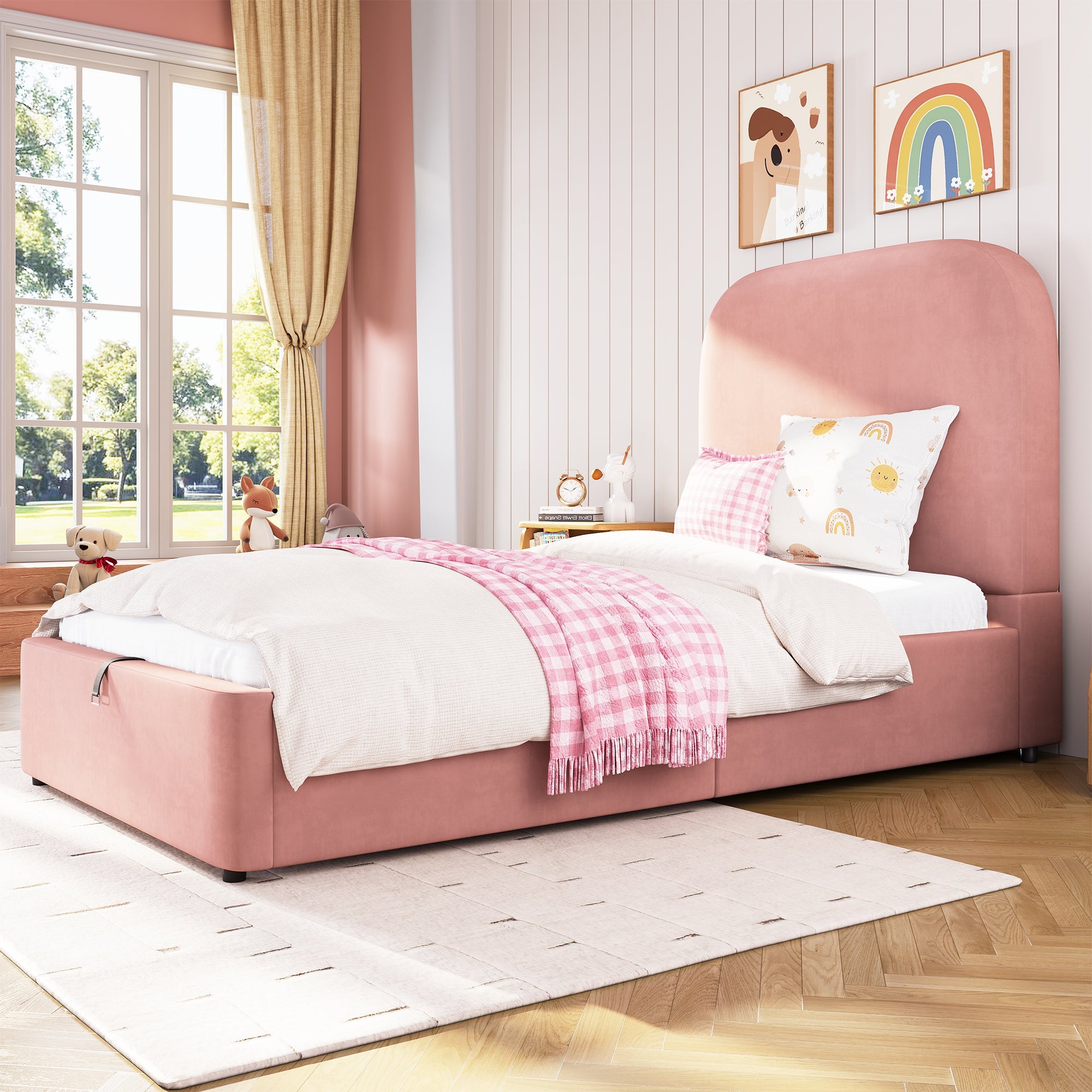 Logidon gestoffeerd bed 90x200 roze hydraulisch met opbergruimte fluweel