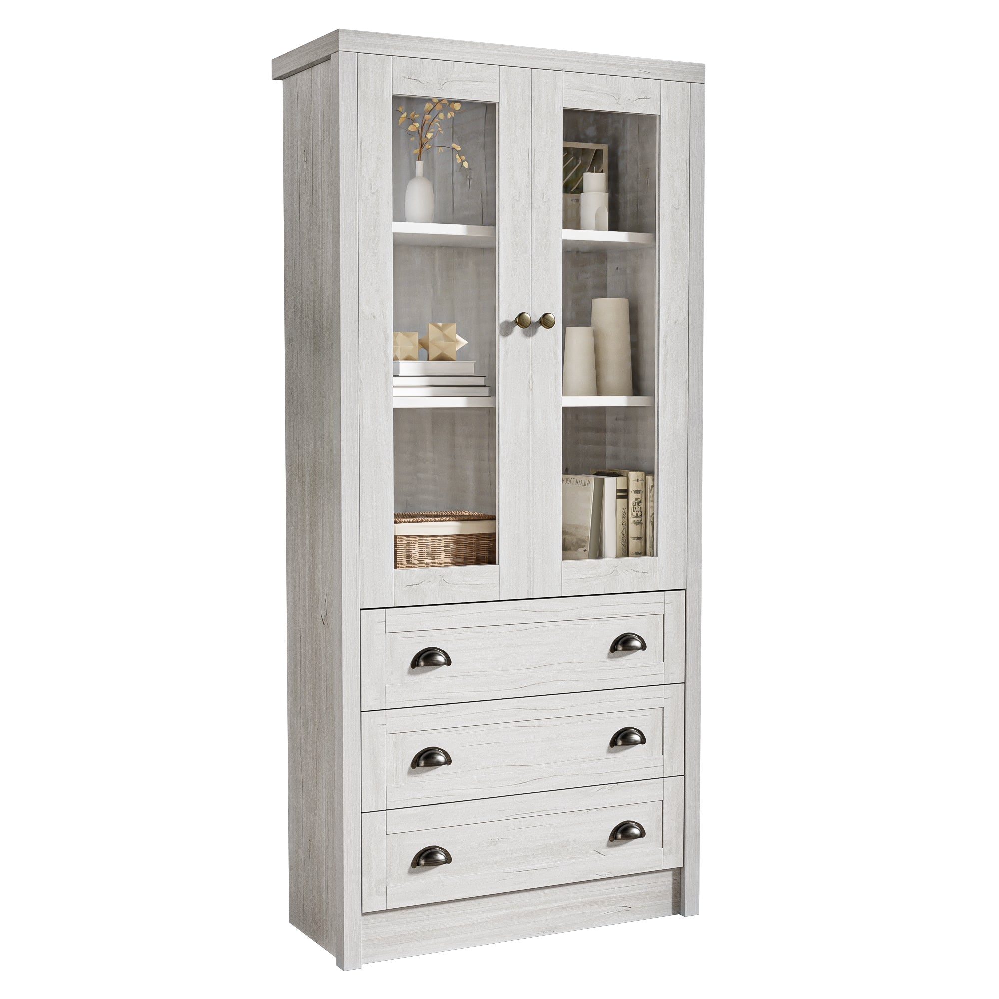 Logidon Modern dressoir 80x34x171 cm houtlook glazen deuren koperen handgrepen