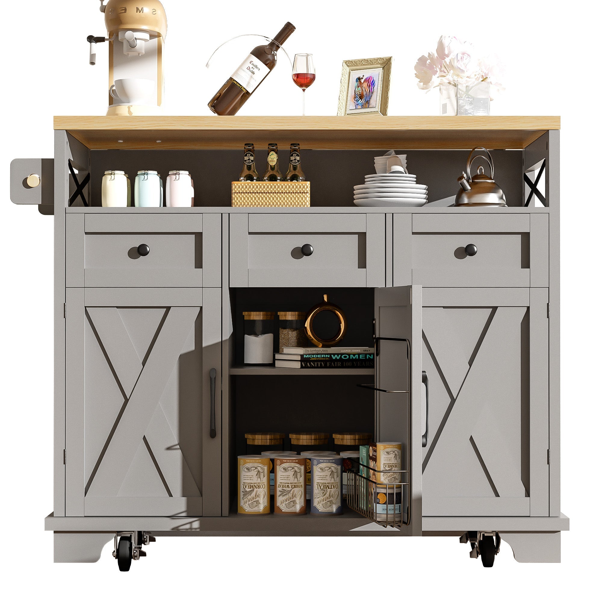 Logidon keukeneiland grijs met veel opbergruimte 118 x 43-80 x 98 cm