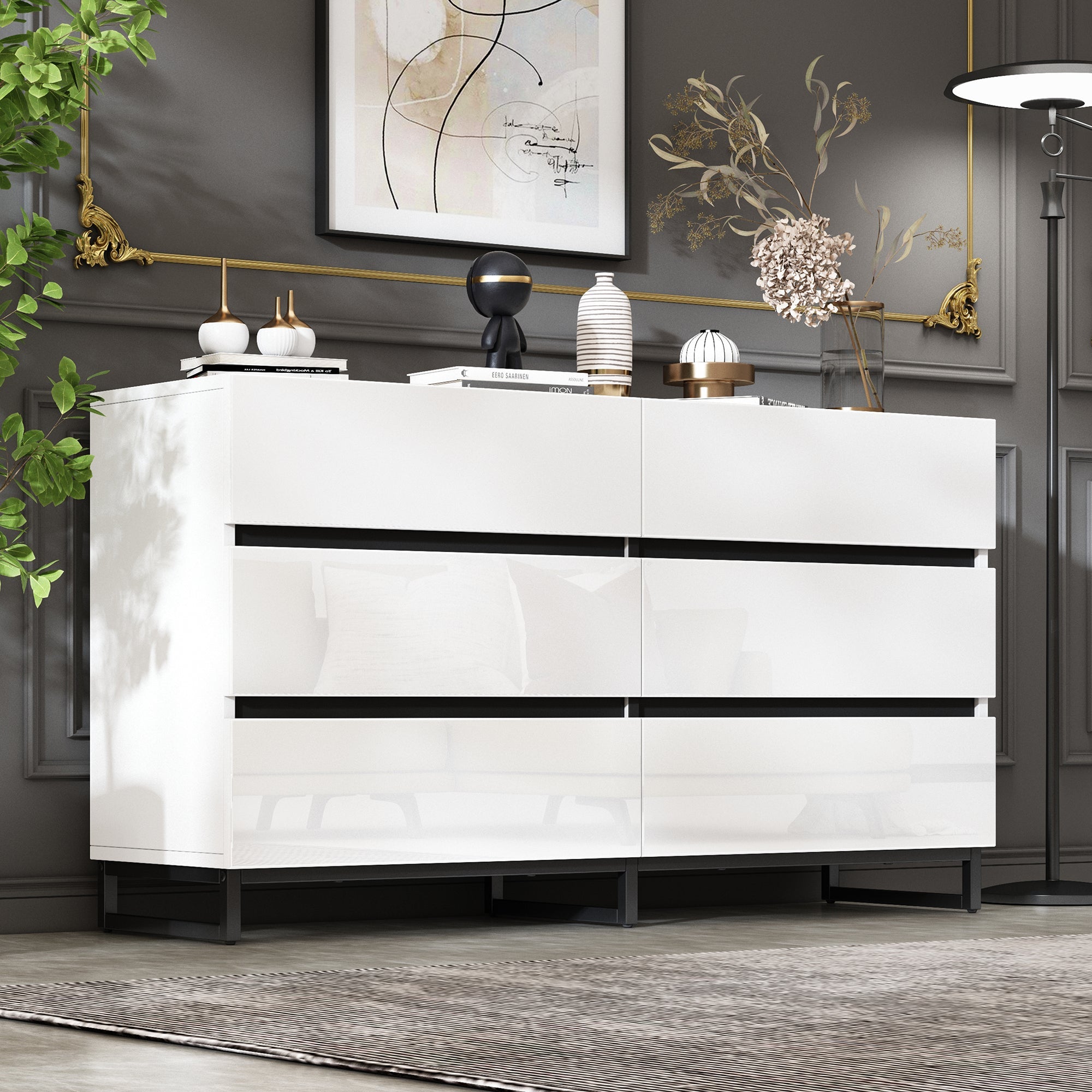 Logidon dressoir 140 cm hoogglans wit zwart met 6 lades
