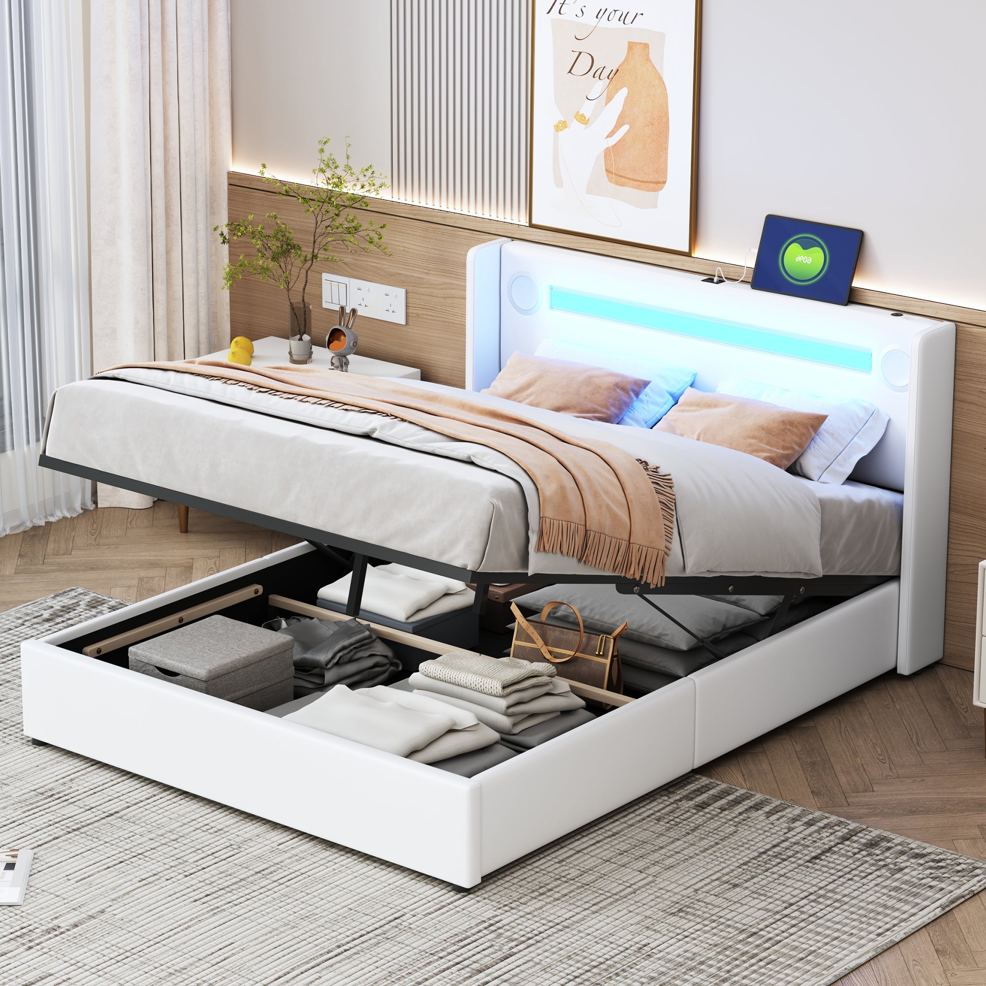 Logidon gestoffeerd bed 140x200 wit LED-licht USB Bluetooth opbergruimte