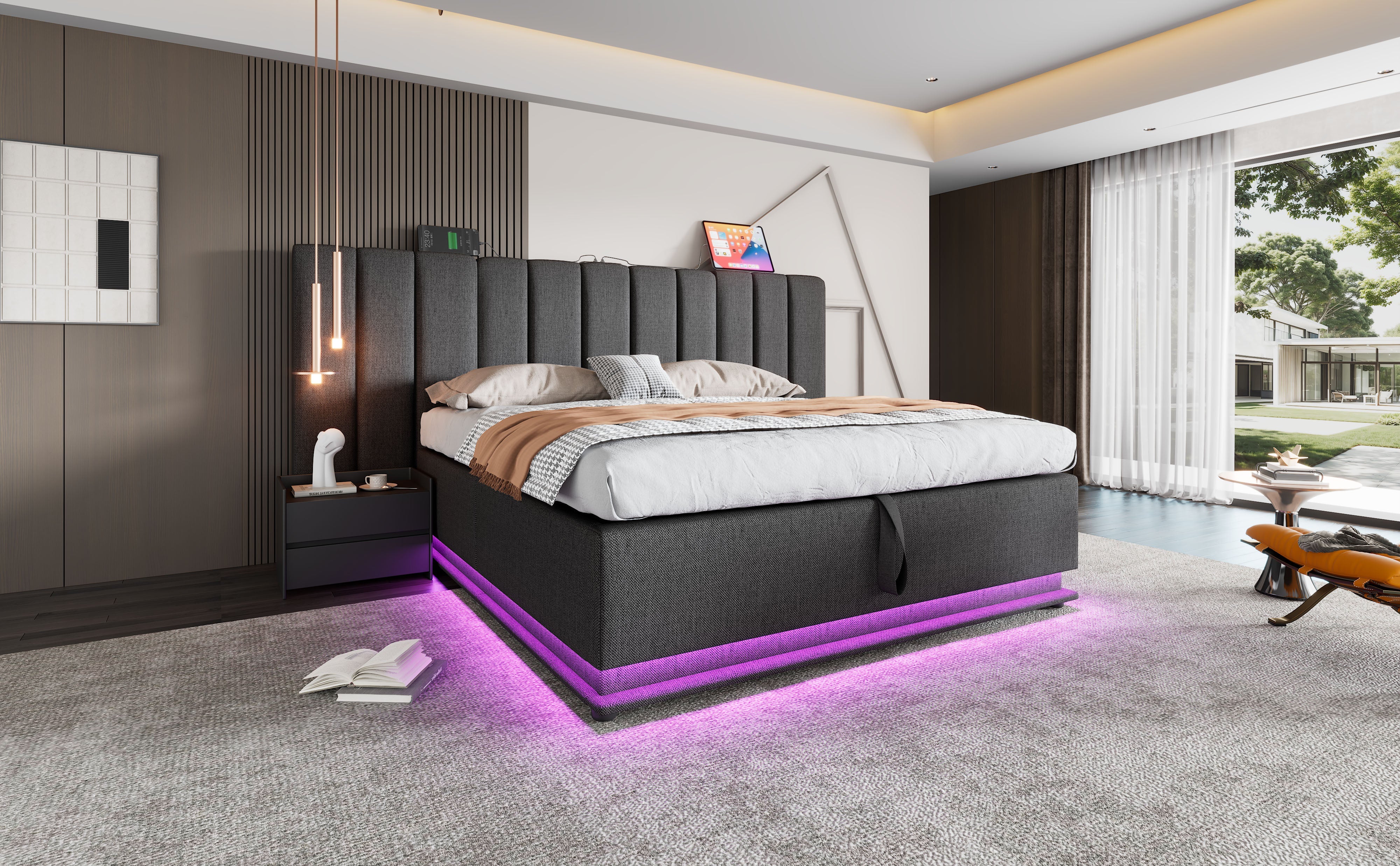 Logidon gestoffeerd bed 160x200 grijs met opbergruimte LED app bediening