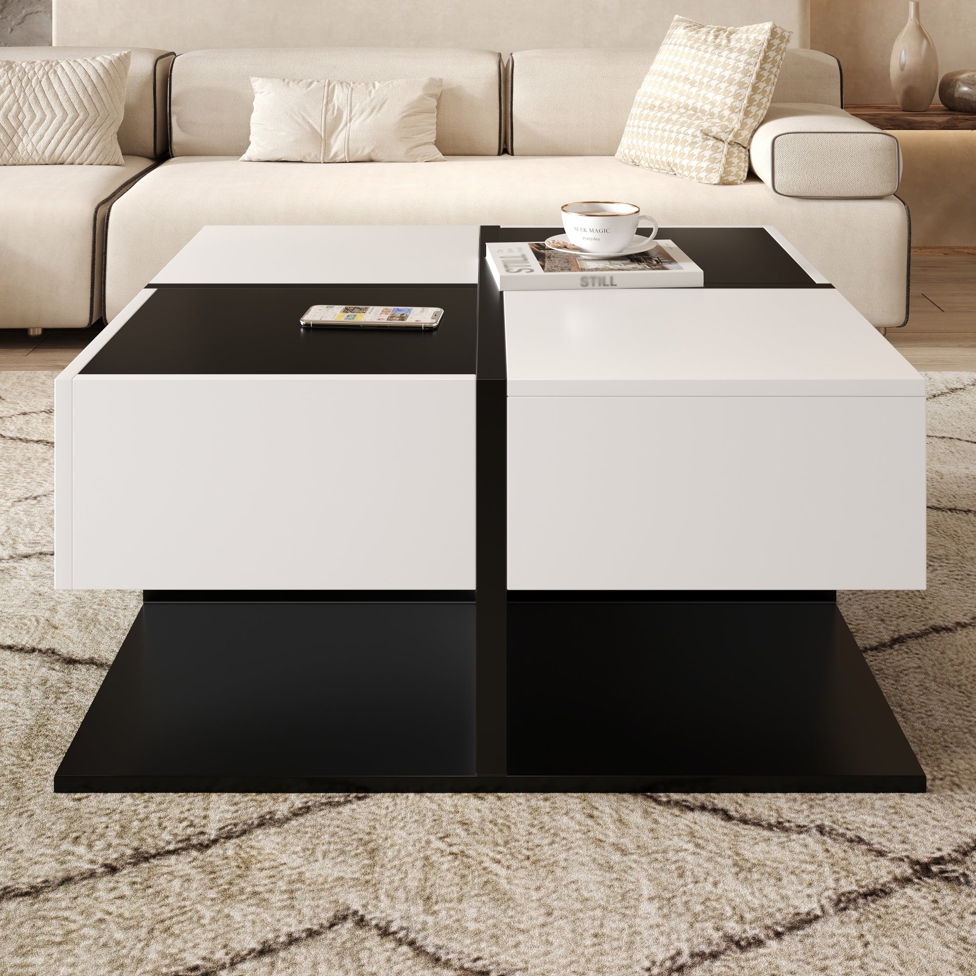 Logidon Moderne Salontafel Zwart Wit 70x70x35,5 cm Met 2 Laden