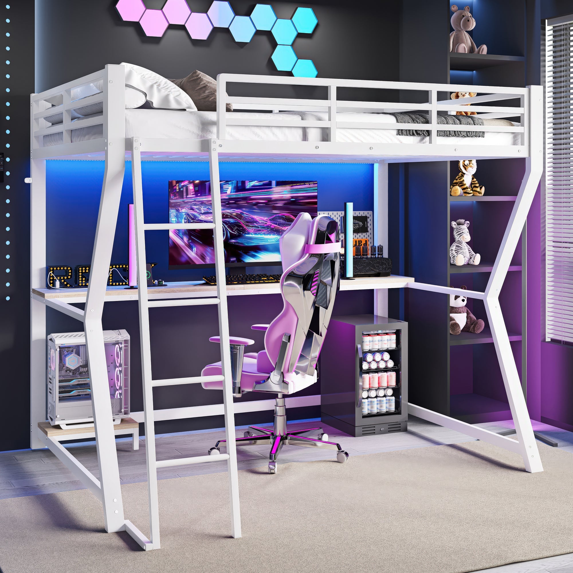 Logidon loft bed 90x200 with LED lighting and computer console white
