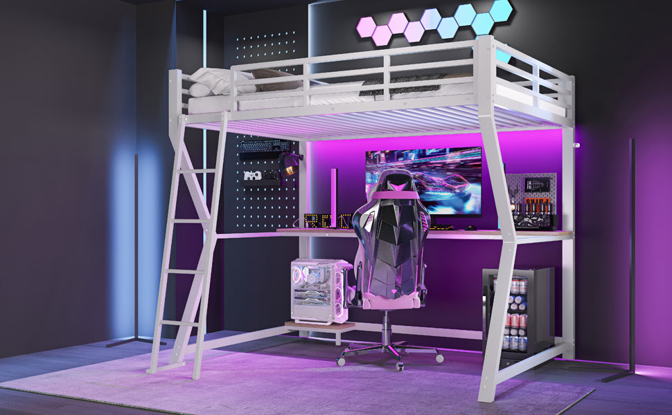 Logidon loft bed 90x200 with LED lighting and computer console white