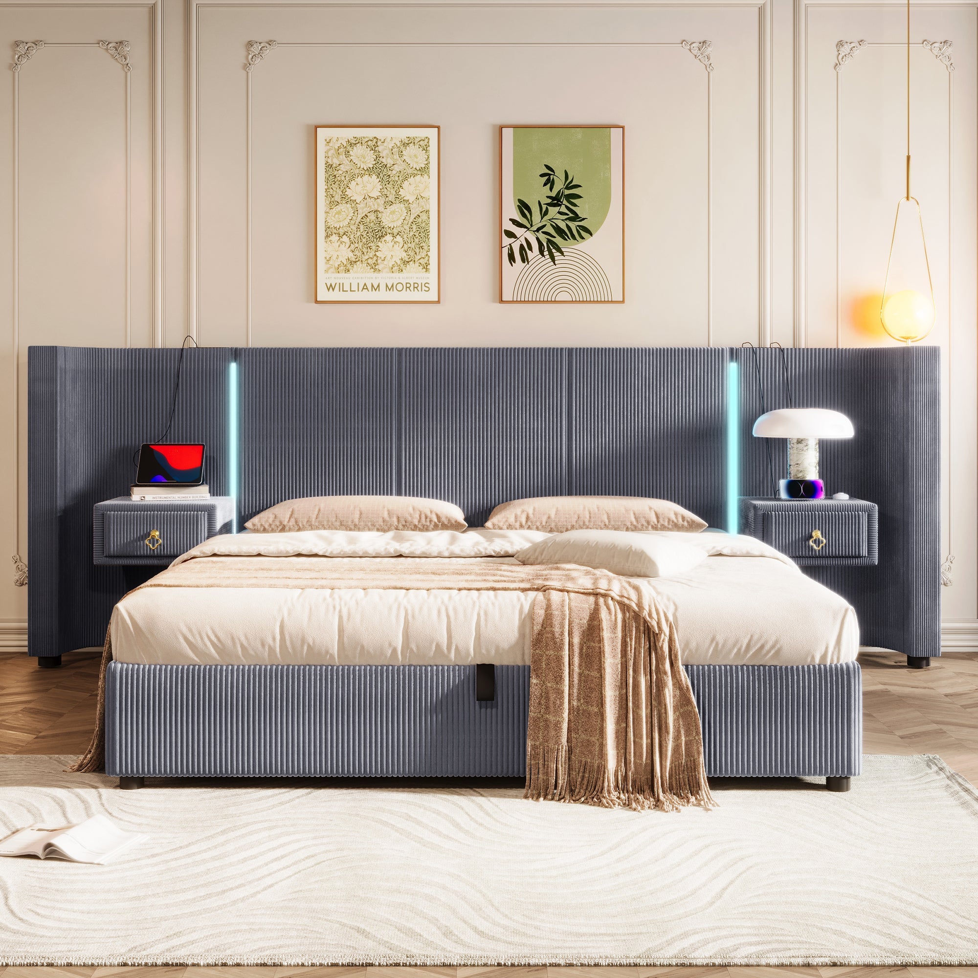 Logidon upholstered bed 180x200 cm gray velvet with LED strip storage space