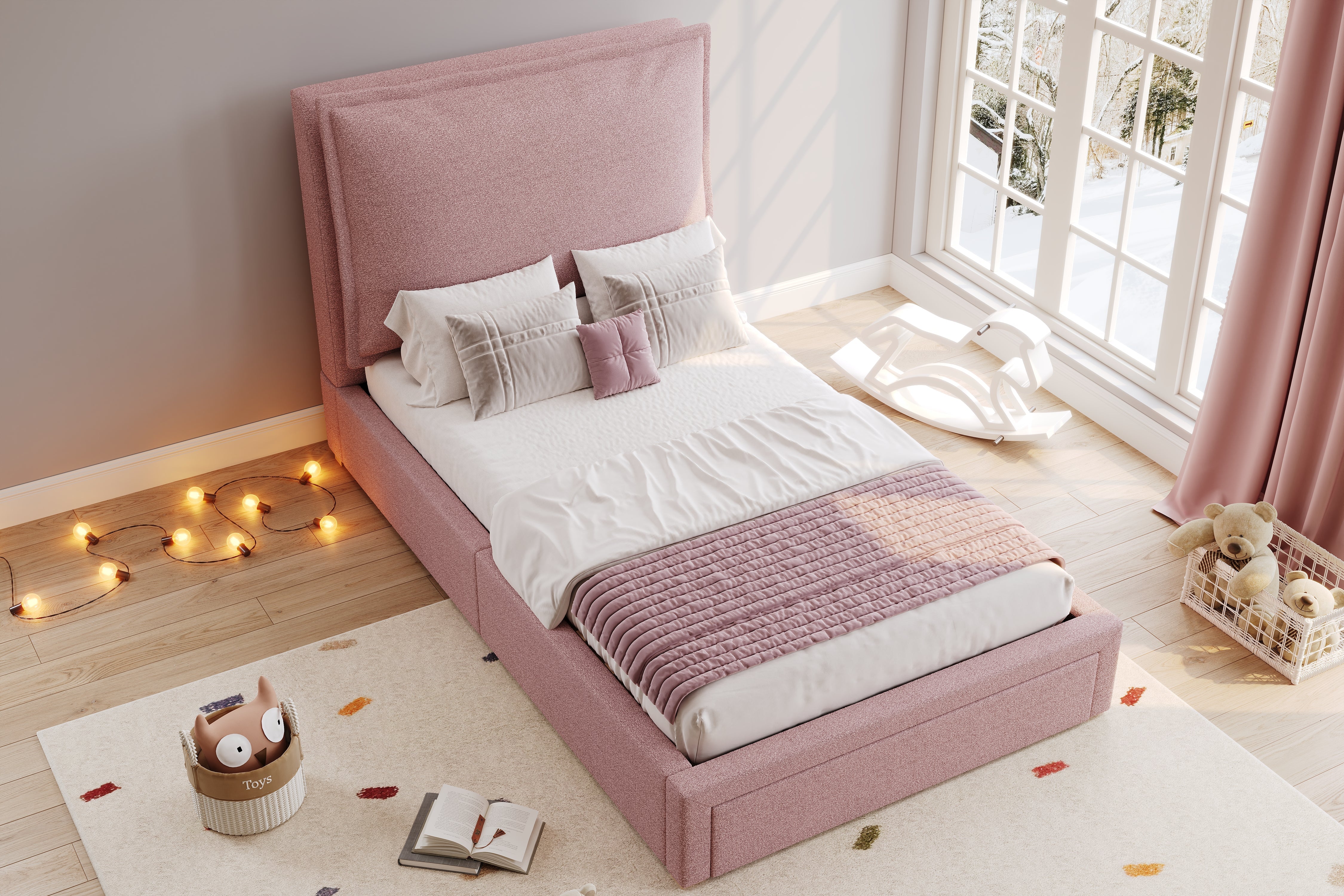 Logidon gestoffeerd bed 90x200 roze chenille met opbergruimte en lattenbodem