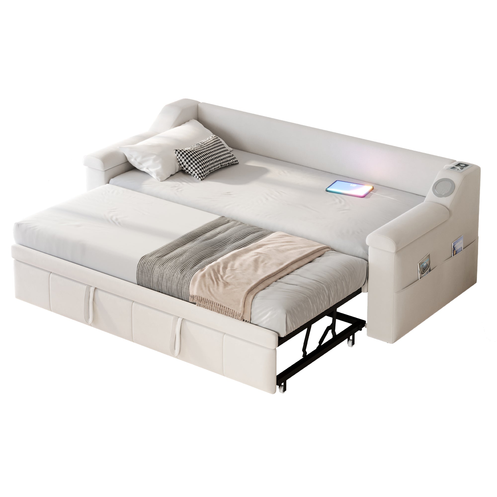 Logidon slaapbank gestoffeerd bed 90/180x190 beige fluweel Bluetooth
