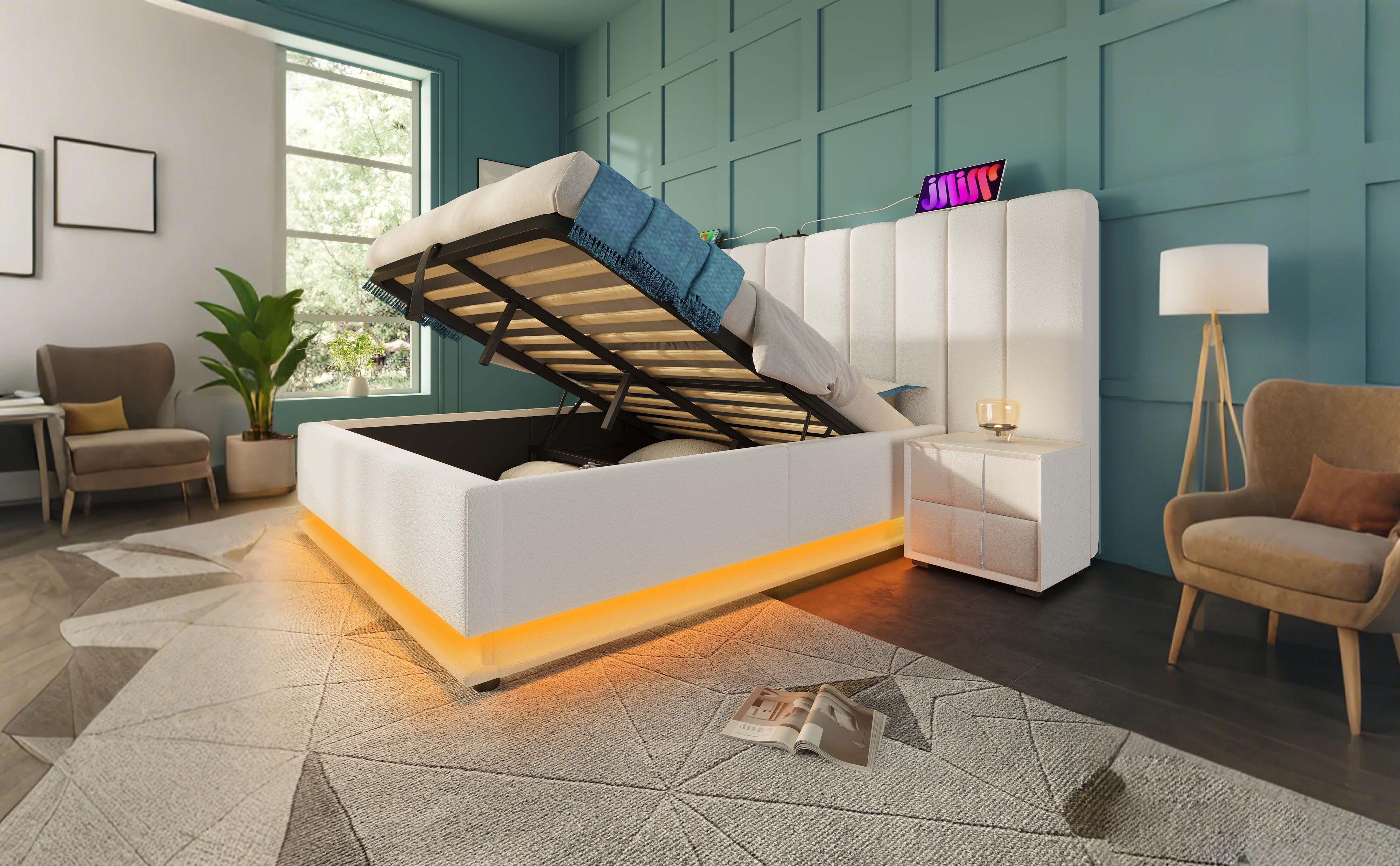 Logidon gestoffeerd bed 180x200 wit met app LED USB C oplaadfunctie