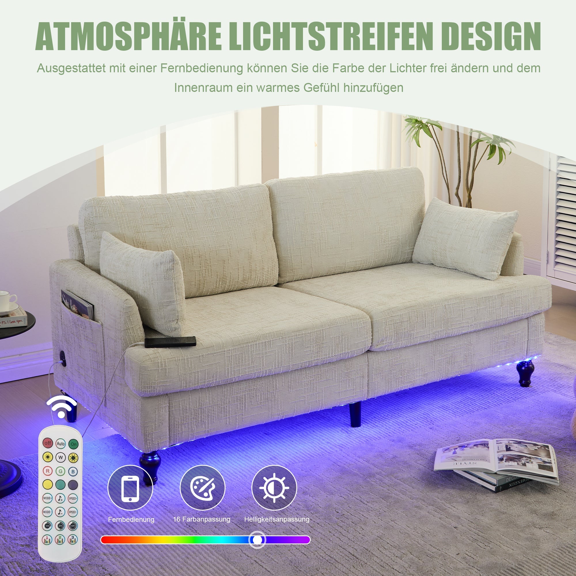 Logidon tweezitsbank van chenille, beige LED-USB-opbergruimte, houten poten