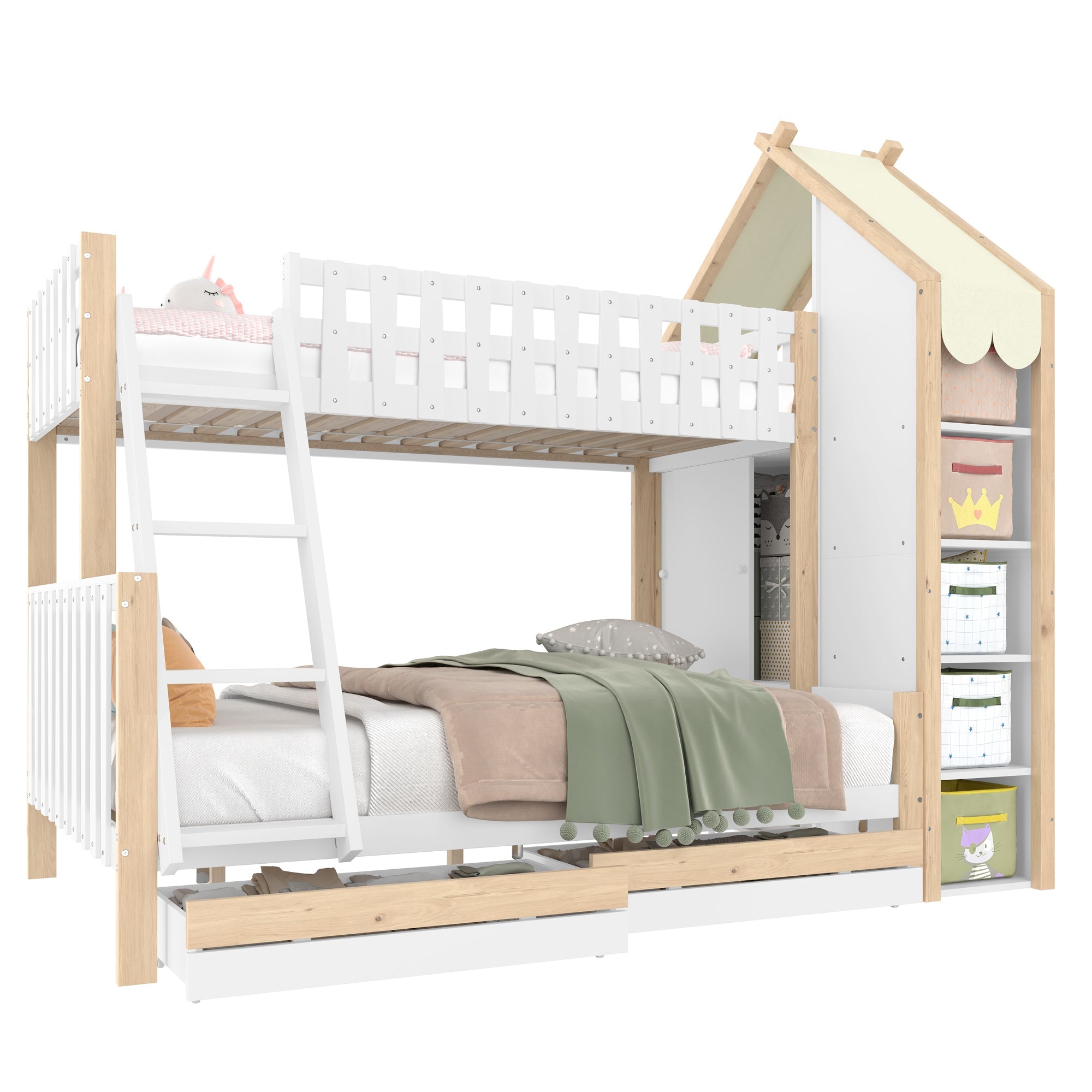Logidon stapelbed 90x200 en 140x200 wit naturel met 2 lades