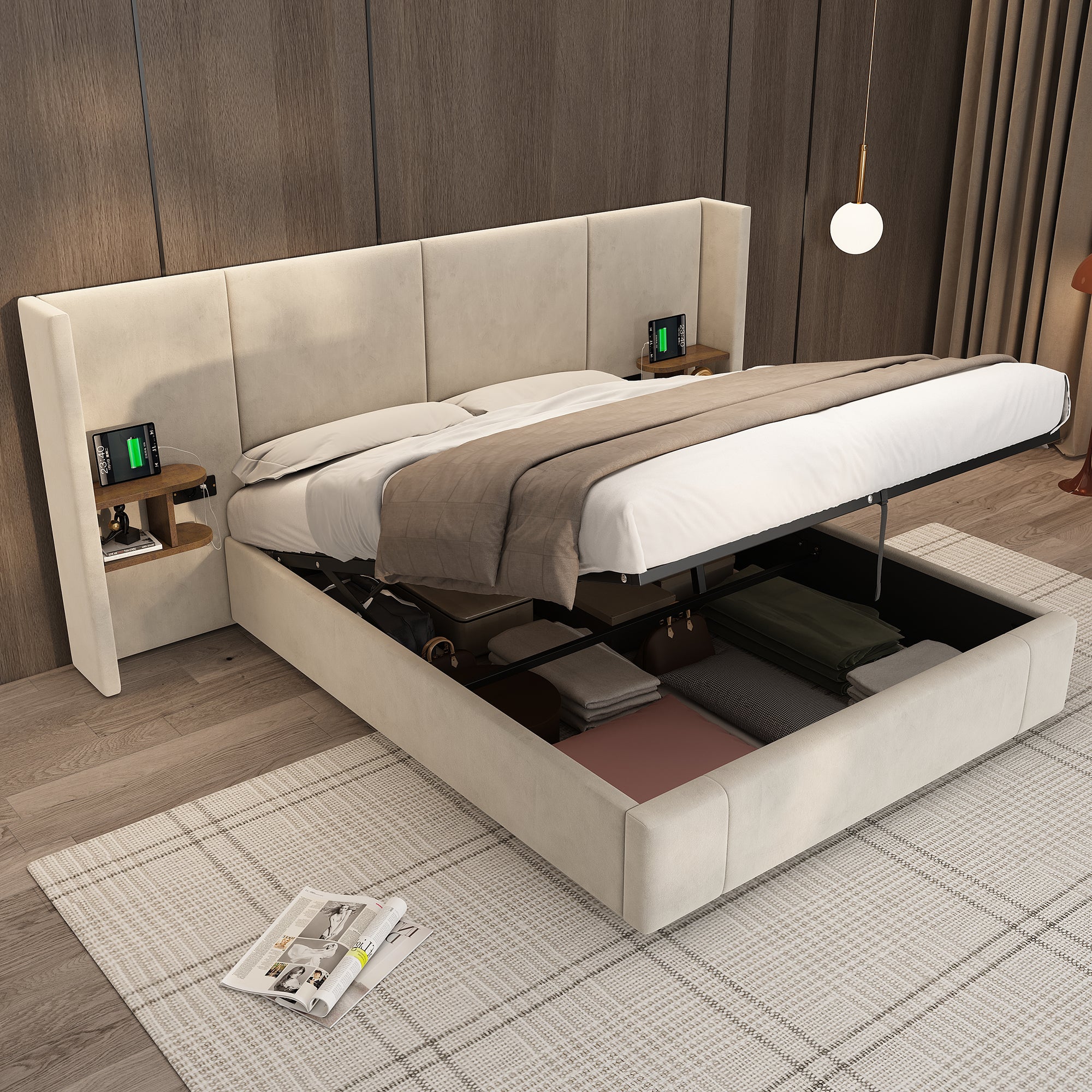 Logidon gestoffeerd bed 160x200 beige fluweel met USB-aansluitingen opbergruimte