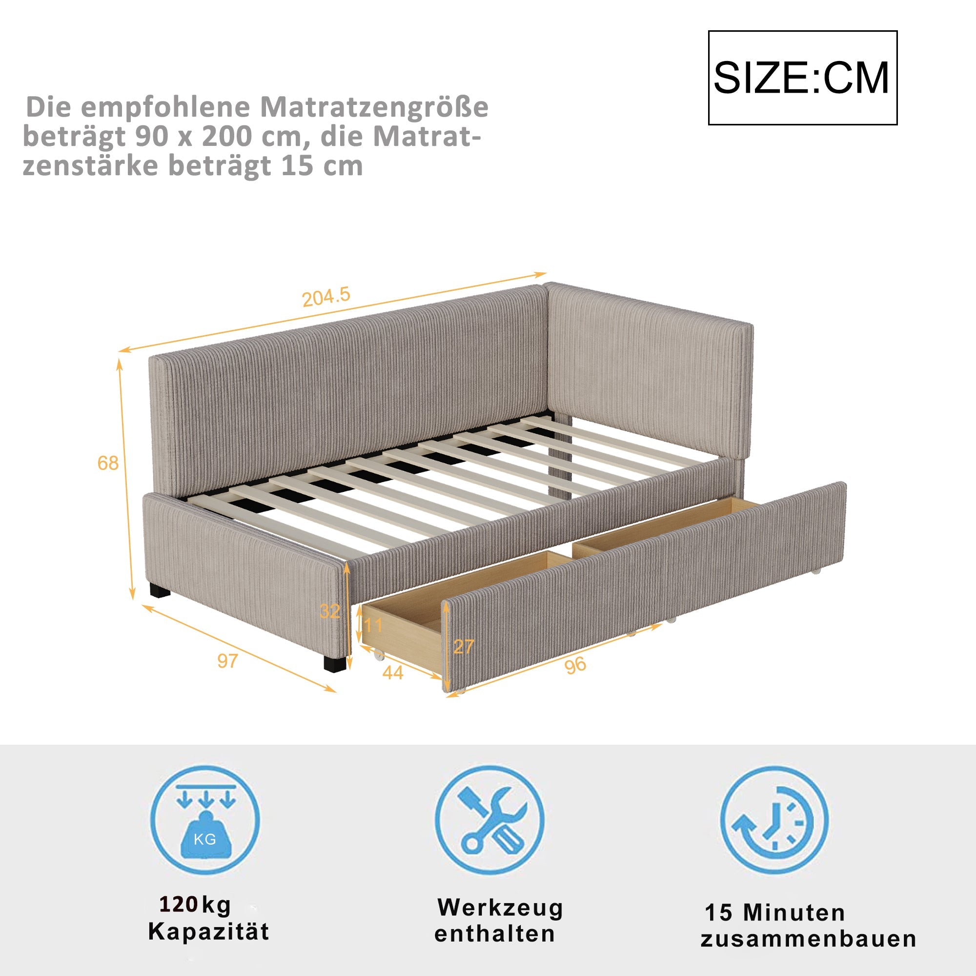 Logidon gestoffeerde slaapbank 90x200 grijs velours met opbergruimte