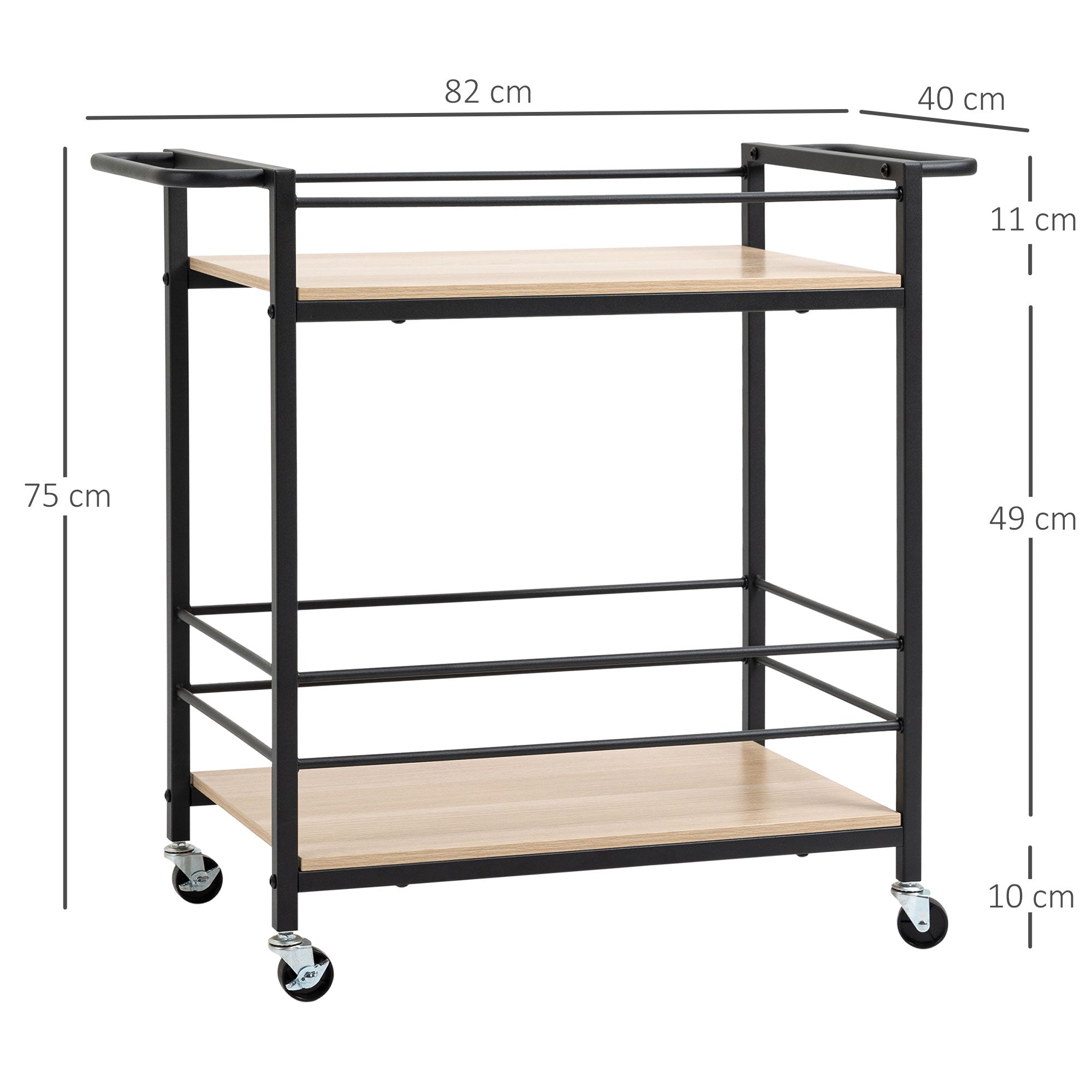 Logidon serveerwagen 2 niveaus met handvat, wielen en remmen, 82x40x75 cm