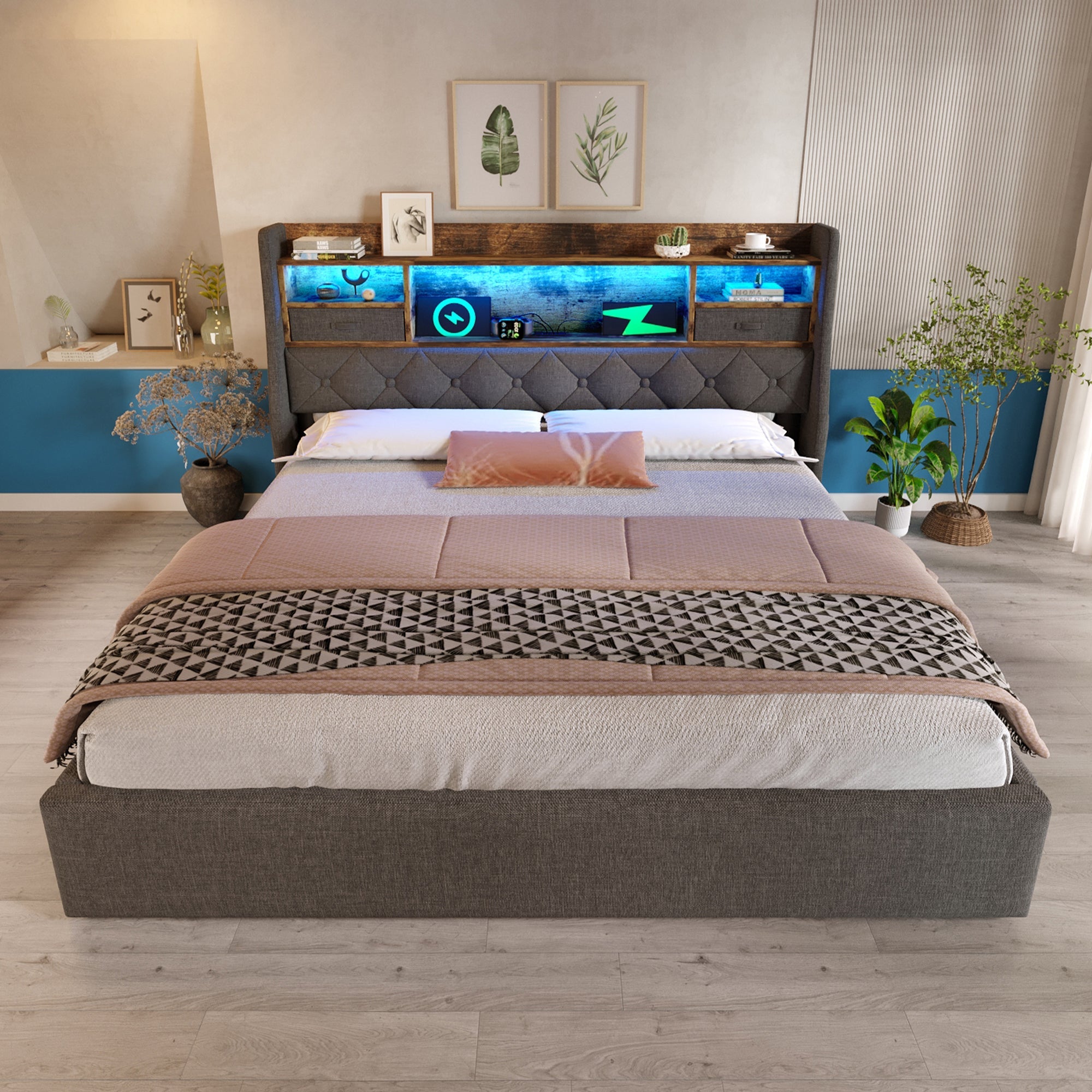 Logidon gestoffeerd bed 160x200 cm met opbergruimte, LED-hoofdbord, USB-C
