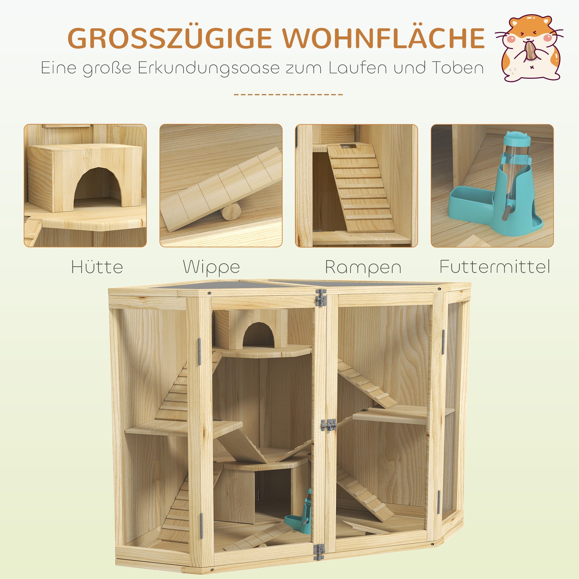 Logidon hamsterkooi hout naturel 4 niveaus voerstation