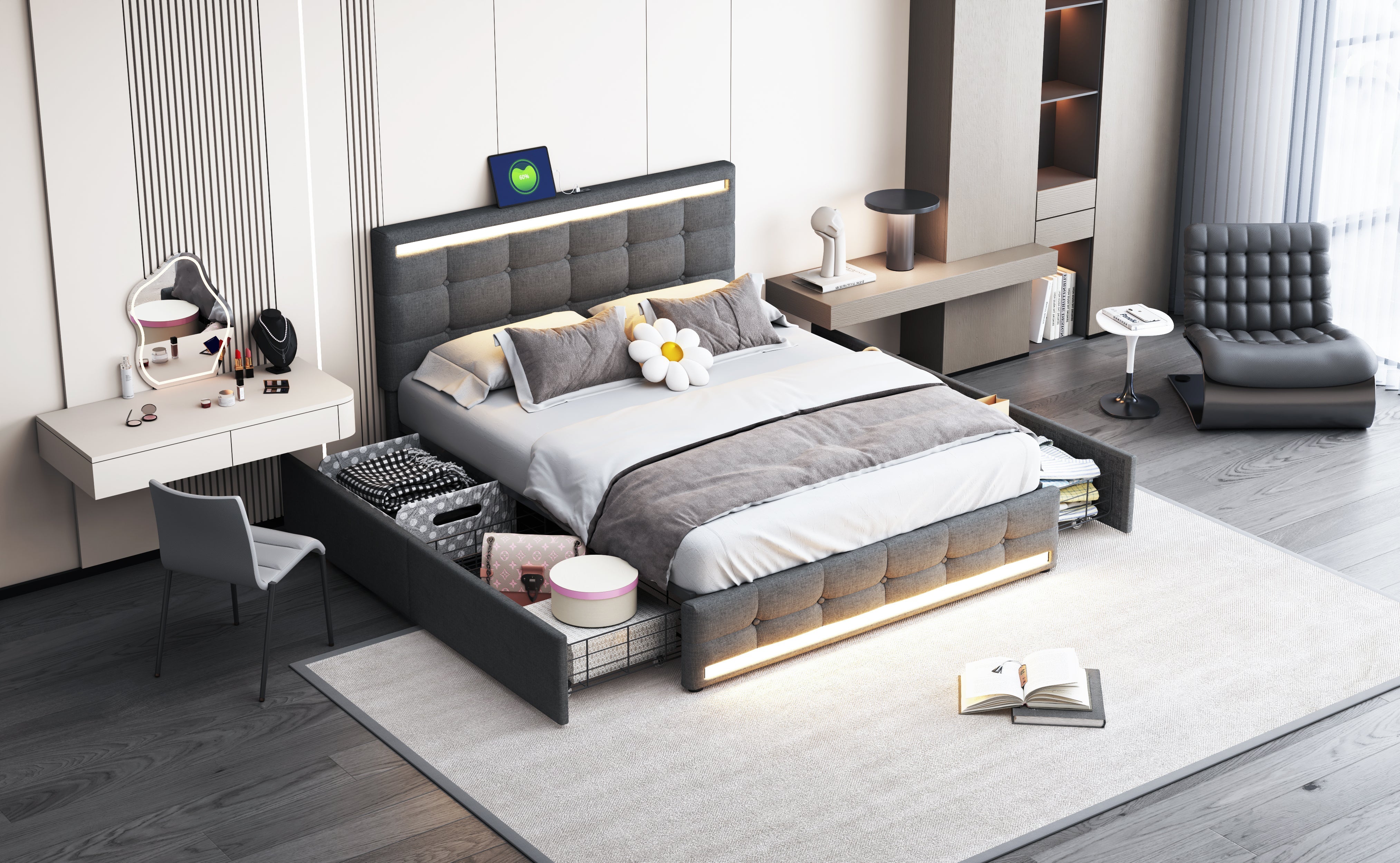 Logidon gestoffeerd bed 140x200 cm grijs LED opbergruimte USB 4 lades