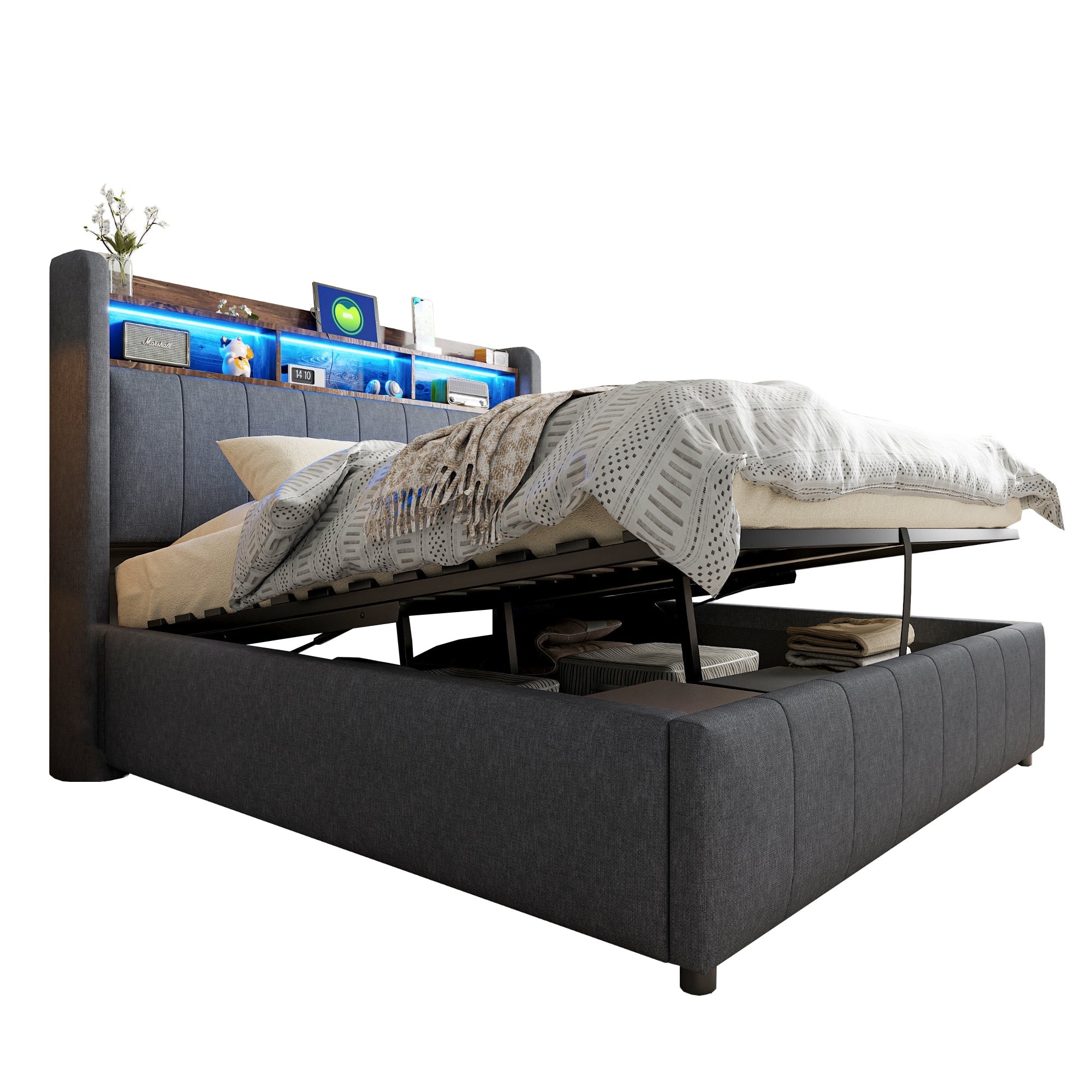 Logidon gestoffeerd bed 140x200 cm grijs met LED verlichting USB opbergruimte