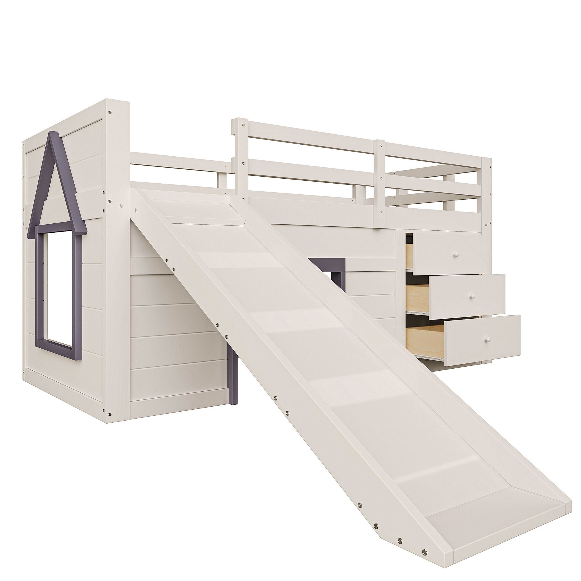 Logidon crème hoogslaper 90x200 met glijbaan, 3 lades, 2 deuren