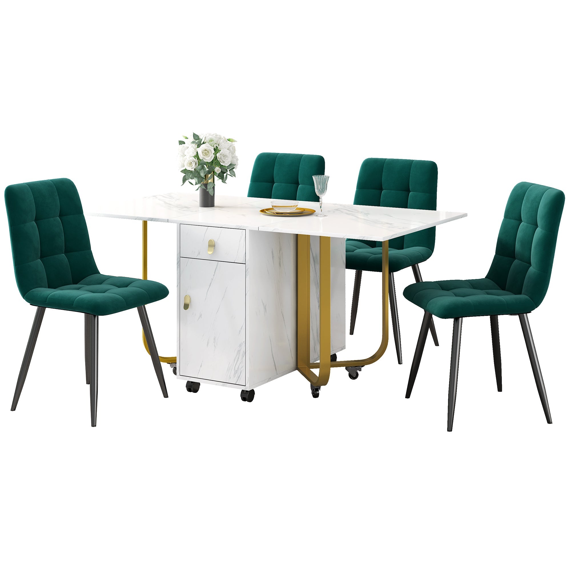 Logidon eettafelgroep 150x80 cm opklapbaar met 4 fluwelen stoelen groen