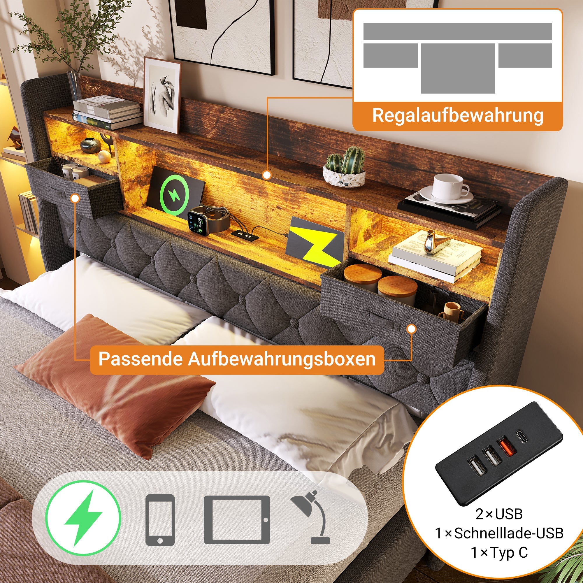 Logidon gestoffeerd bed 160x200 cm met opbergruimte, LED-hoofdbord, USB-C