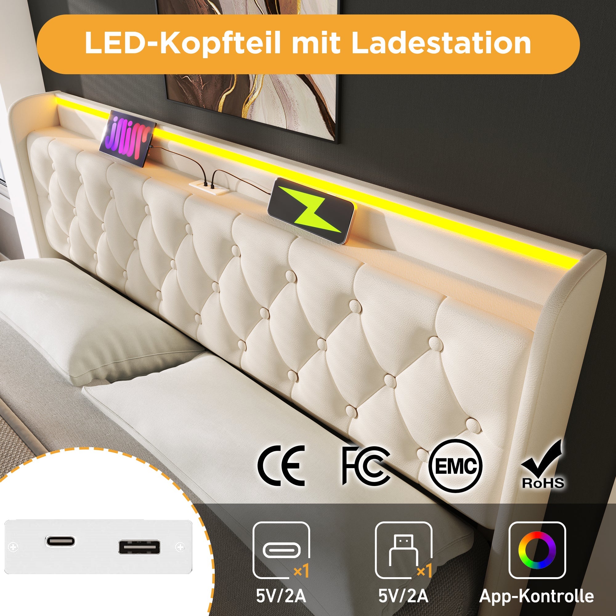 Logidon gestoffeerd bed tweepersoonsbed 140x200 cm wit PU 360 Surround LED