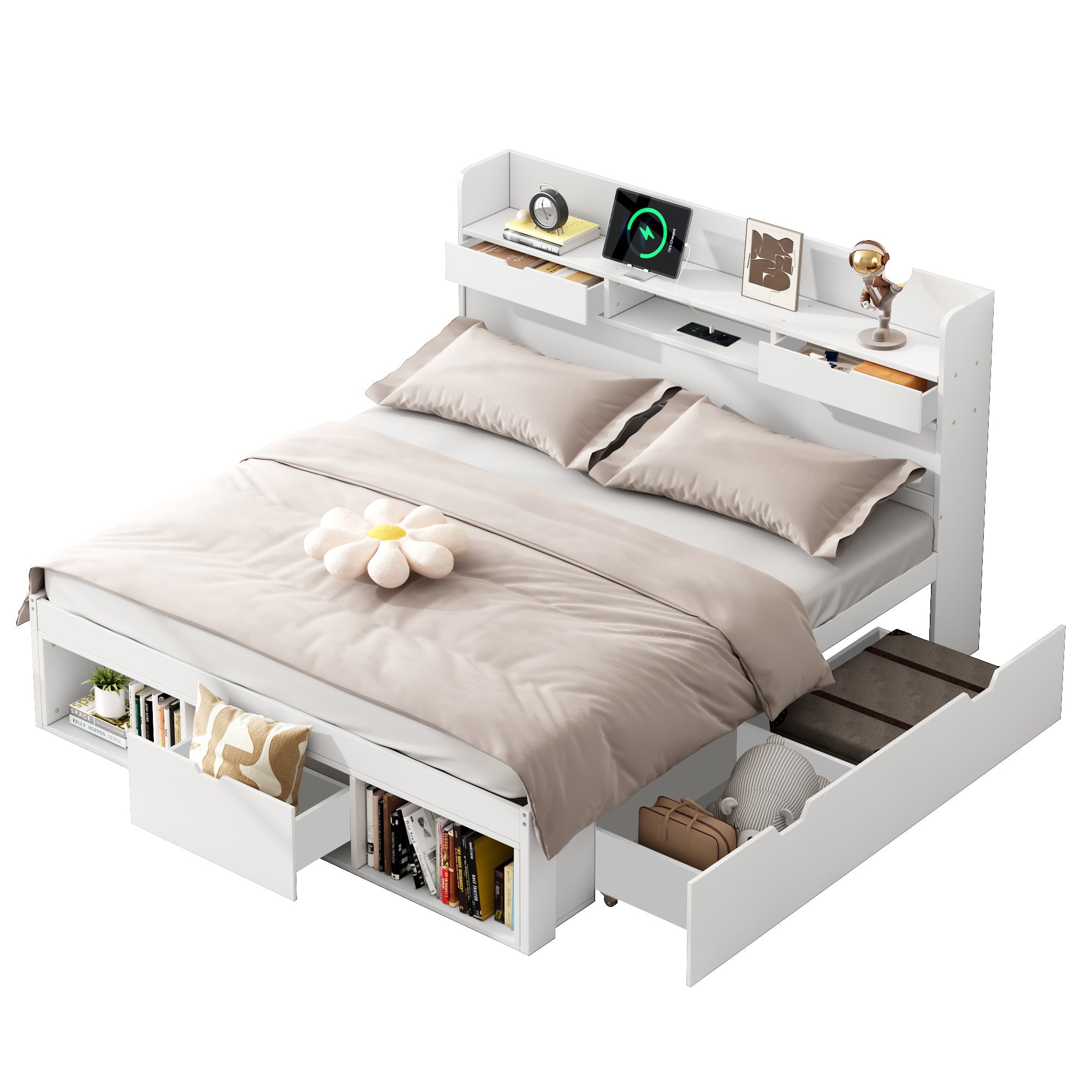 Logidon bed 135x190 cm met USB oplaadpunt en opbergruimte wit