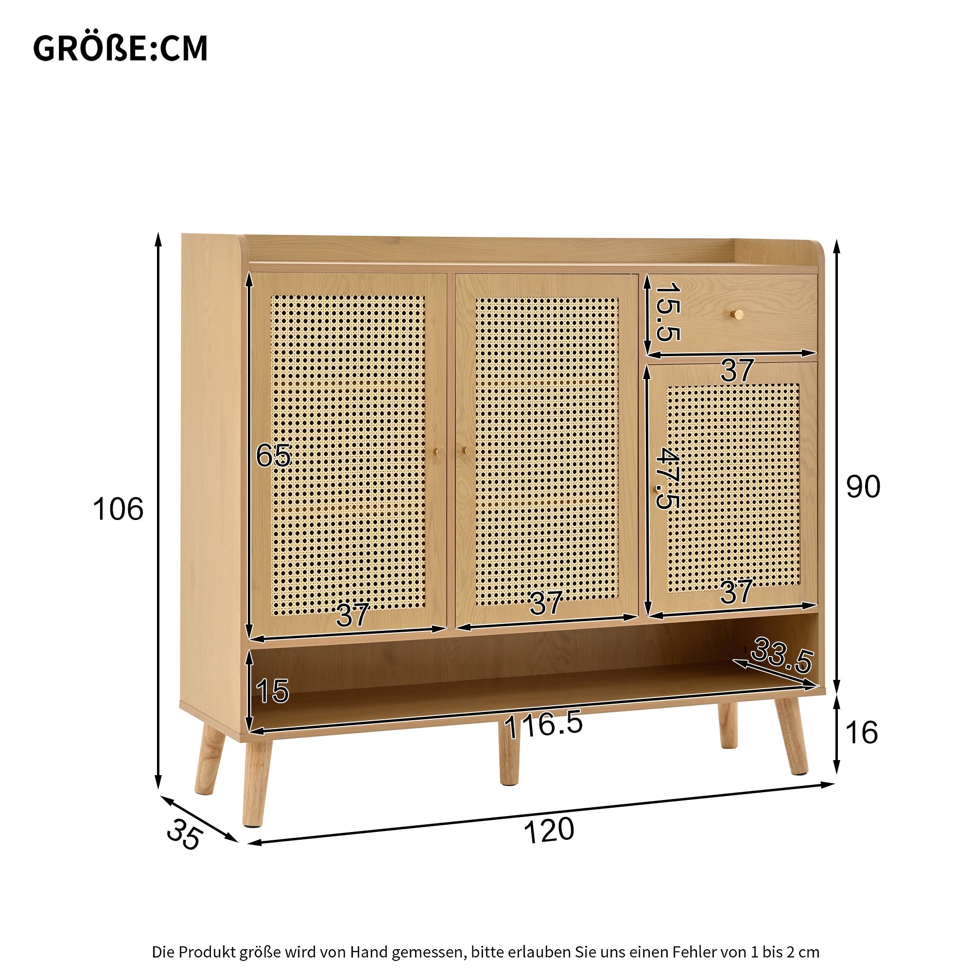 Logidon schoenenkast naturel rotan 120x35x106 met 3 deuren 1 lade