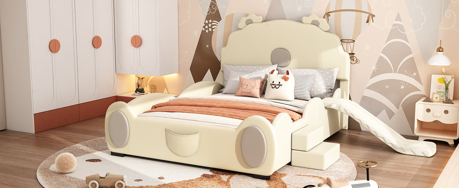 Logidon Cartoon Bear Bed 90x200 cm With Slide And Ladder Beige