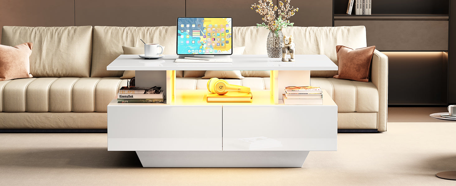 Logidon hoogglans salontafel LED, 2 lades, 90x55x41 cm wit