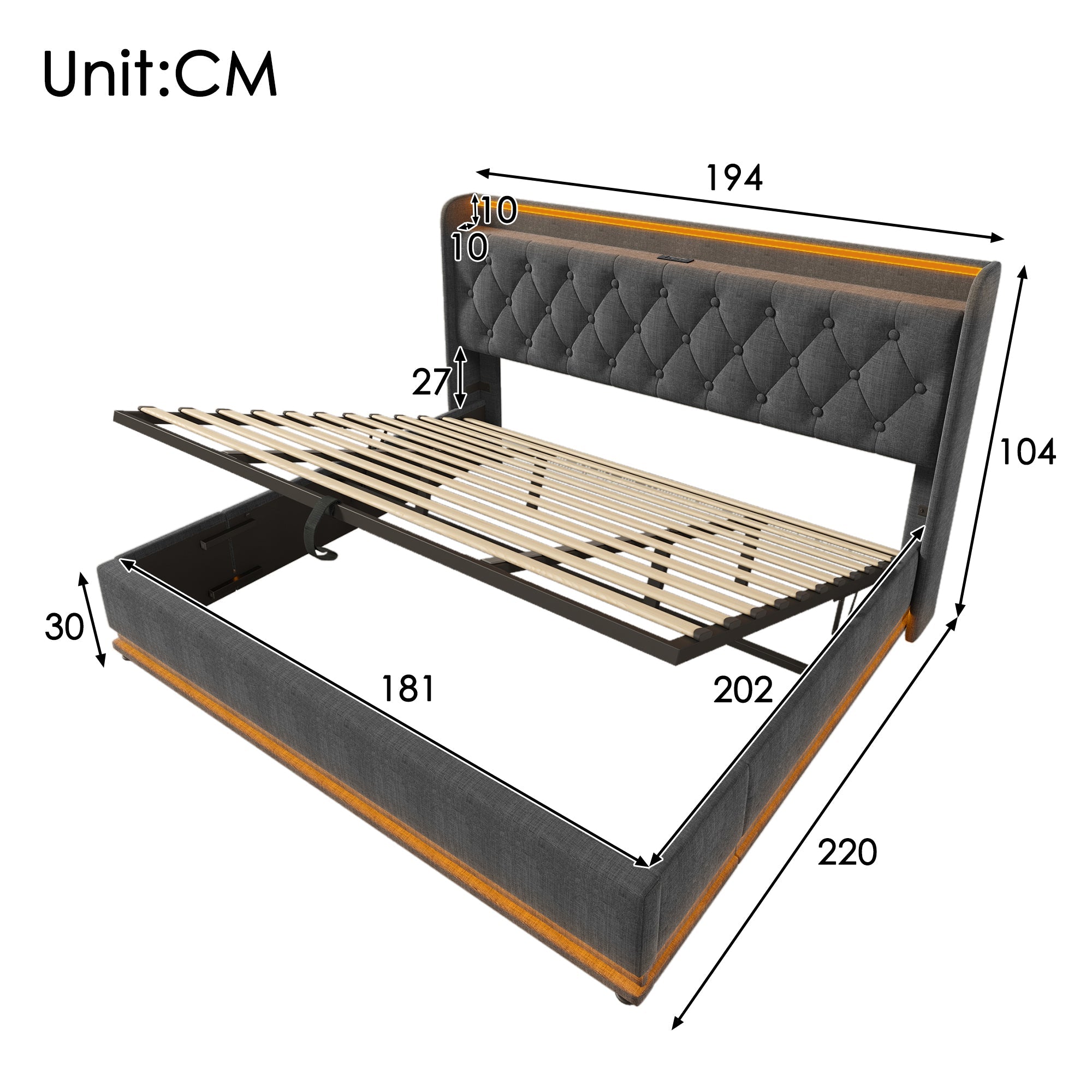 Logidon gestoffeerd bed tweepersoonsbed 180x200 cm grijs linnen LED-verlichting USB C
