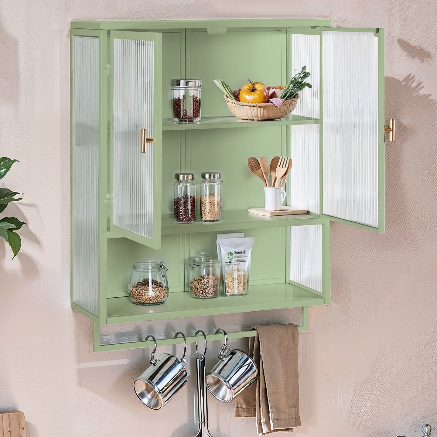 Logidon 60 cm glazen wandvitrinekast groen, tweedeurskast met planken