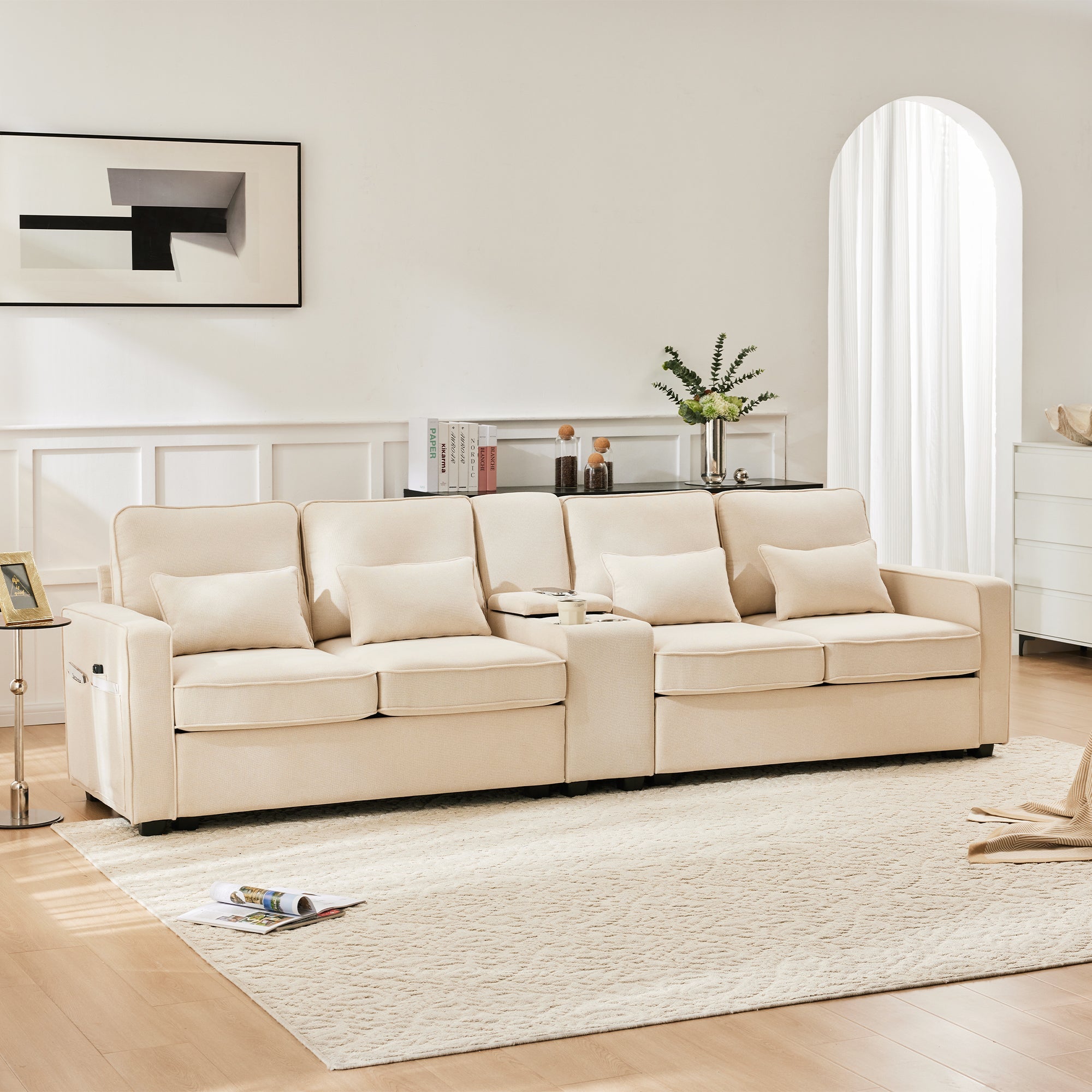 Logidon Modern 4 Seater Sofa Made of Beige Linen Fabric with Console