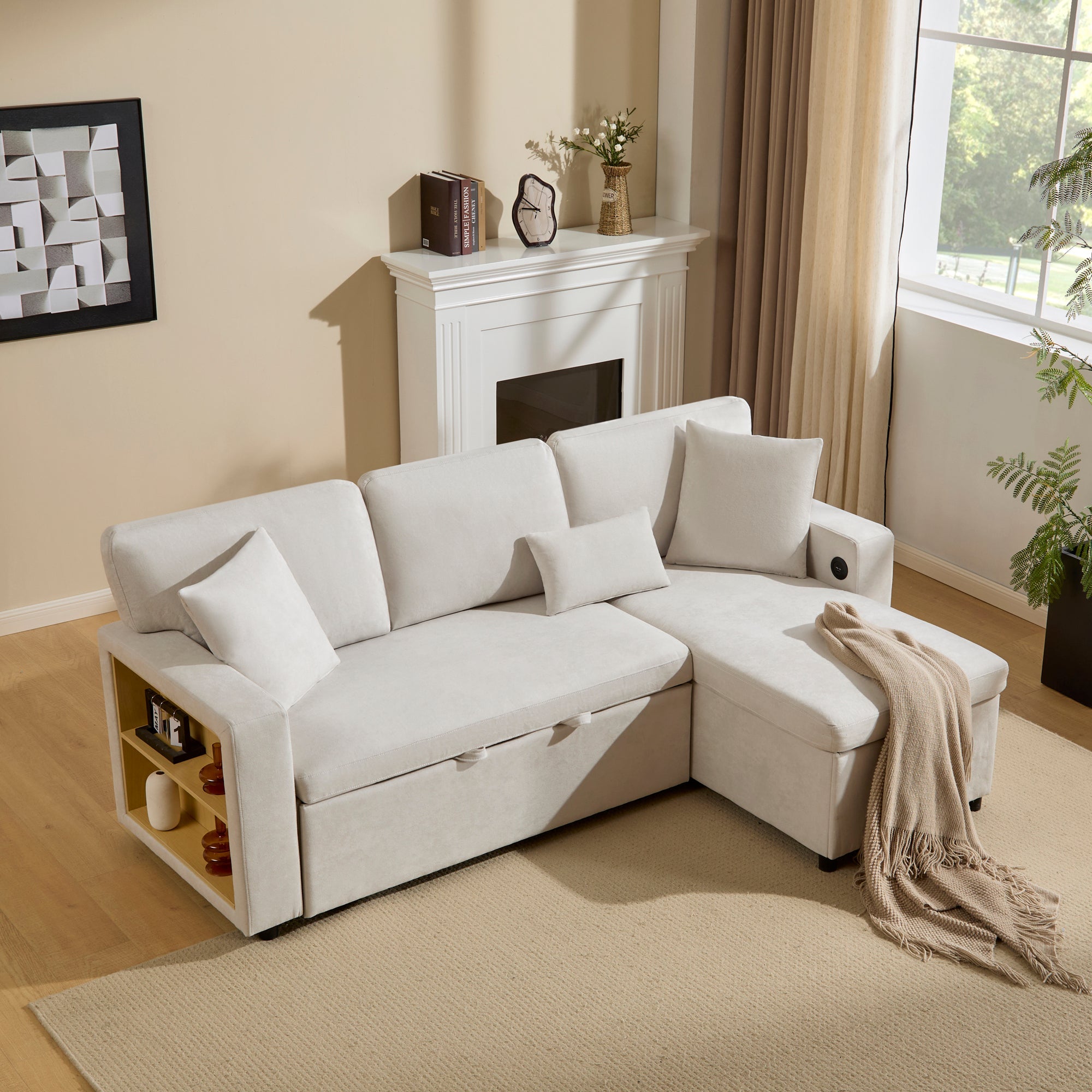 Logidon corner sofa bed L-shape extendable beige with bed box shelf