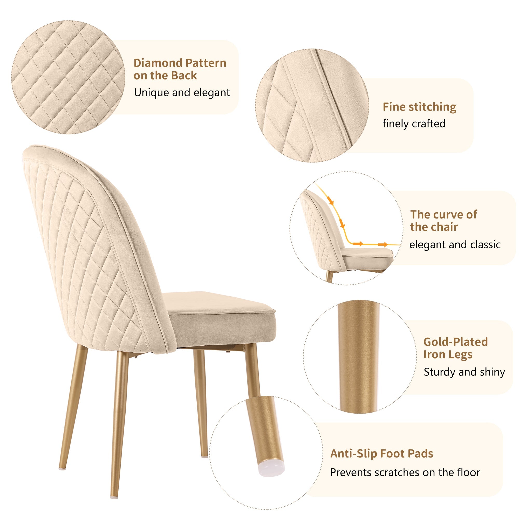 Logidon Set van 2 eetkamerstoelen beige fluweel met gouden poten