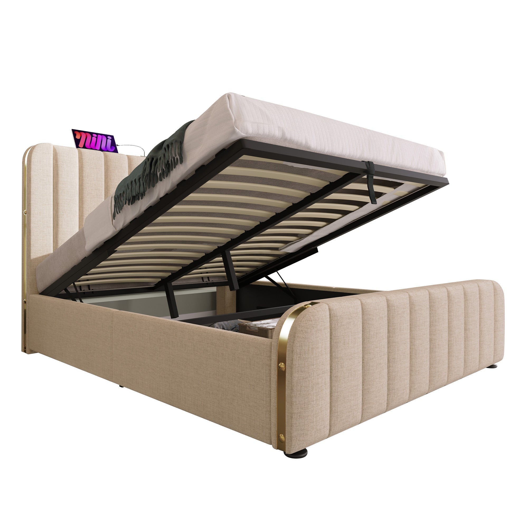 Logidon gestoffeerd bed 160x200 beige linnen met hoofdeinde gouden rand USB-C