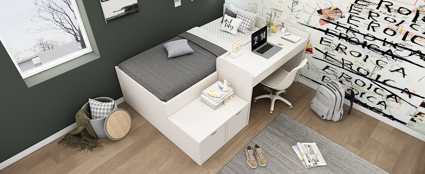 Logidon kinderbed 90x200 massief hout wit met bureau en opbergruimte