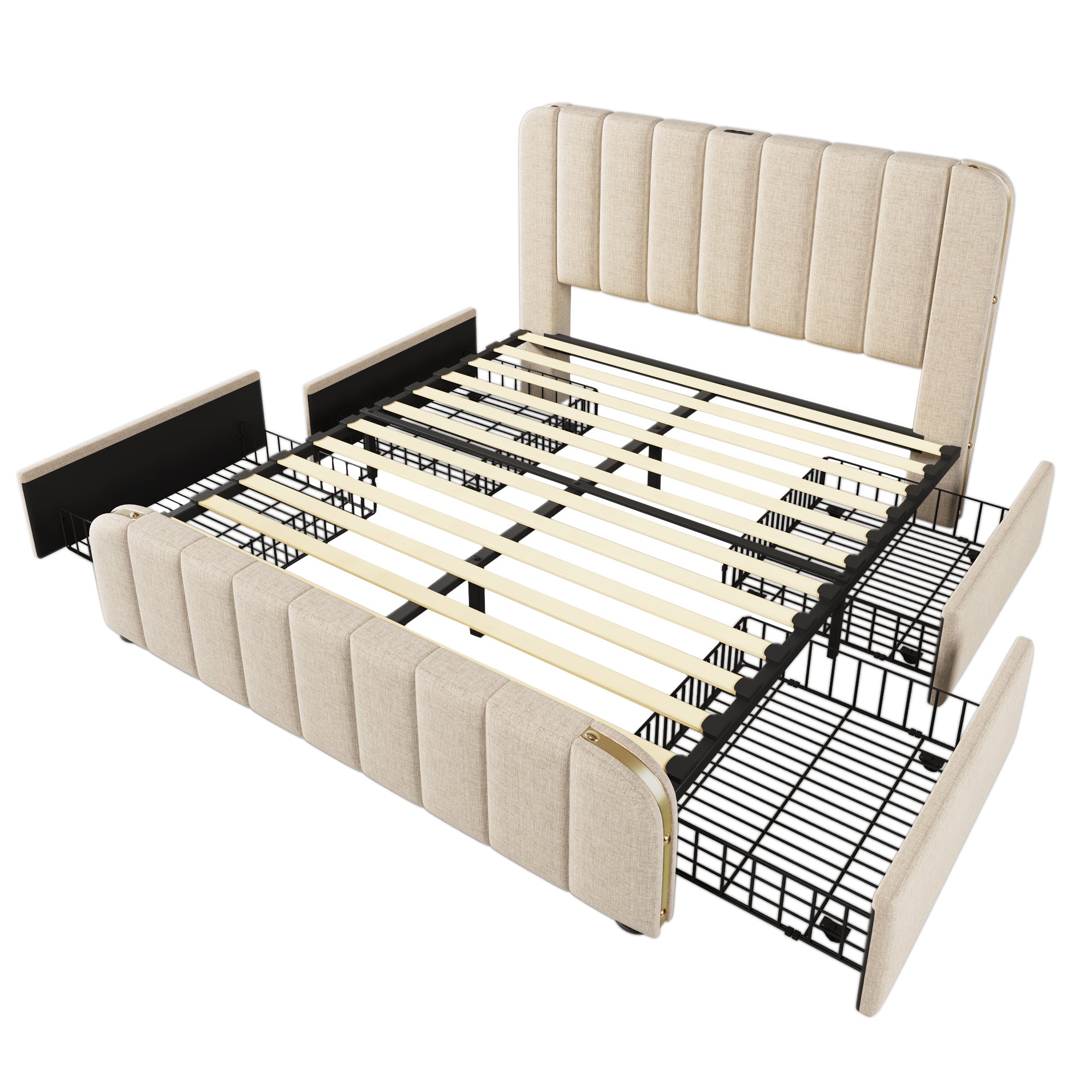 Logidon gestoffeerd bed 160x200 beige linnen USB C oplaadfunctie