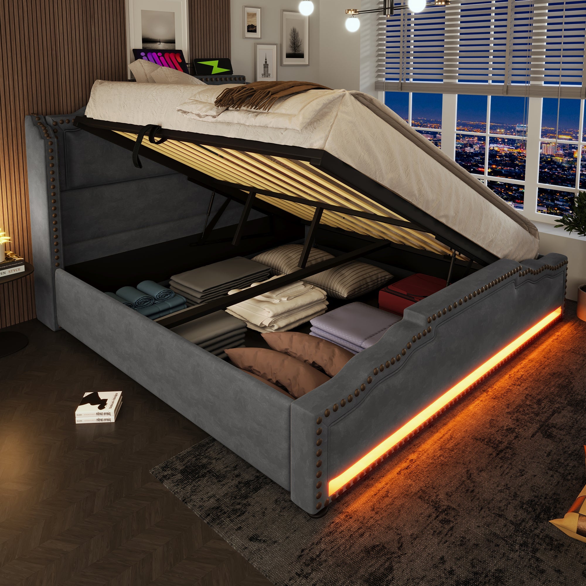 Logidon gestoffeerd bed 140x200 met hydraulische opbergruimte LED USB-C grijs