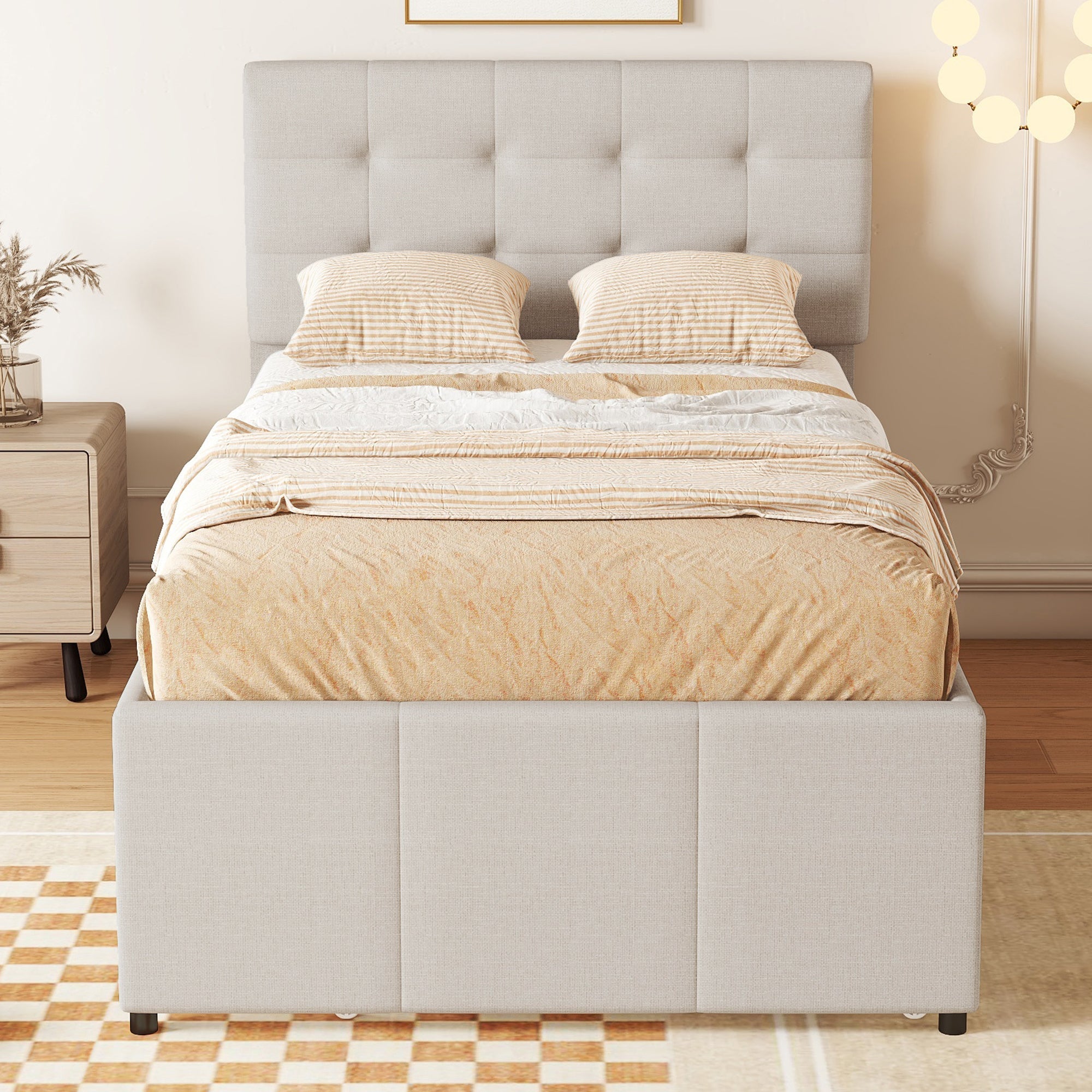 Logidon gestoffeerd bed 90x200 beige uitschuifbaar onderschuifbed 3 lades