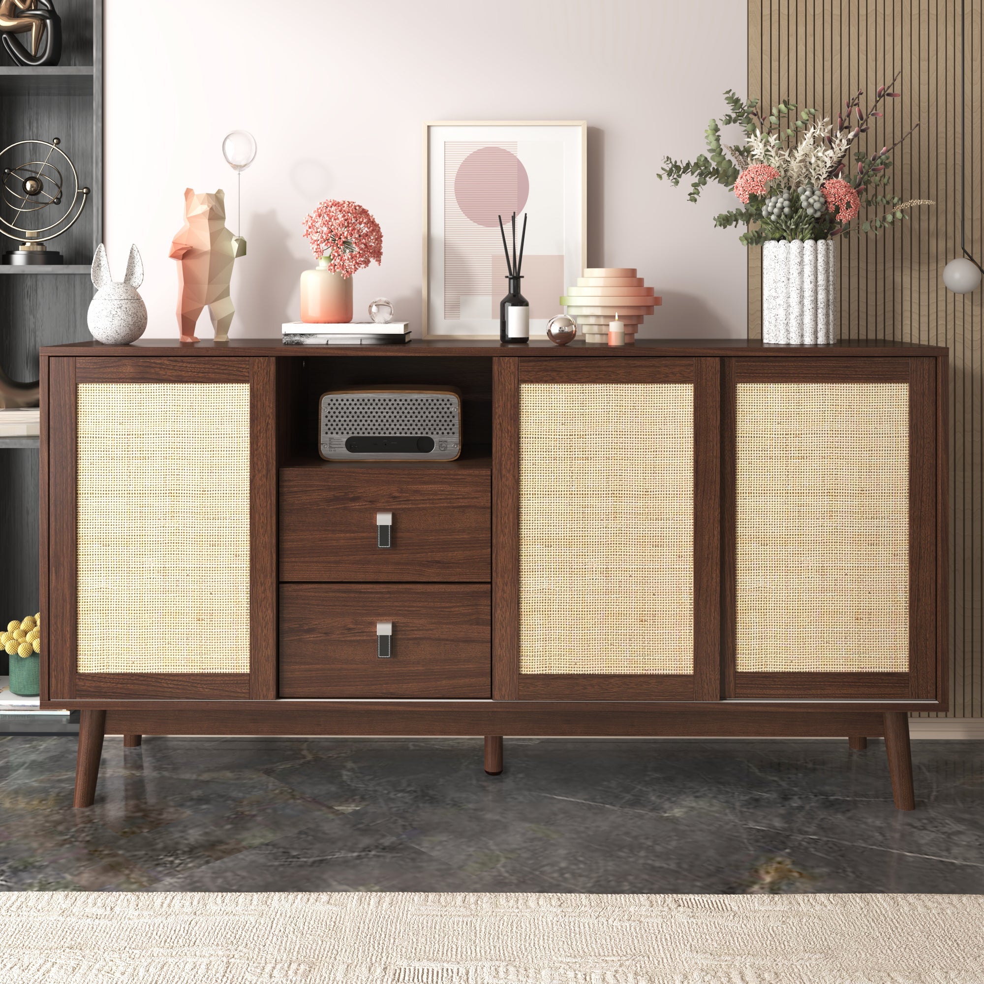 Logidon dressoir met rotan schuifdeuren en 2 lades 155x38x80 cm